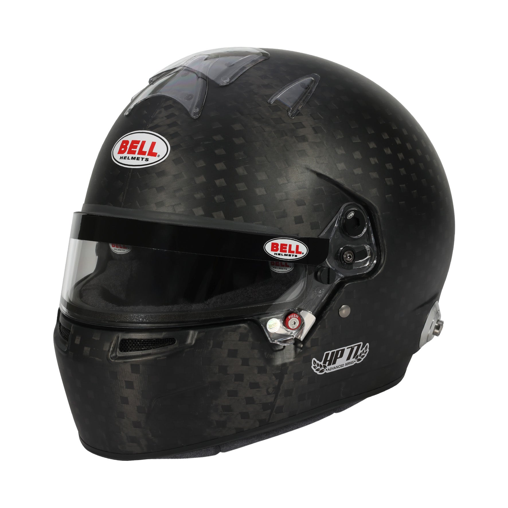 Bell HP77 Evo‑IV ABP Carbon Racing Helmet in matte carbon fiber with FIA 8860‑ABP certification, SmartLock visor mechanism, and integrated HANS anchor points.