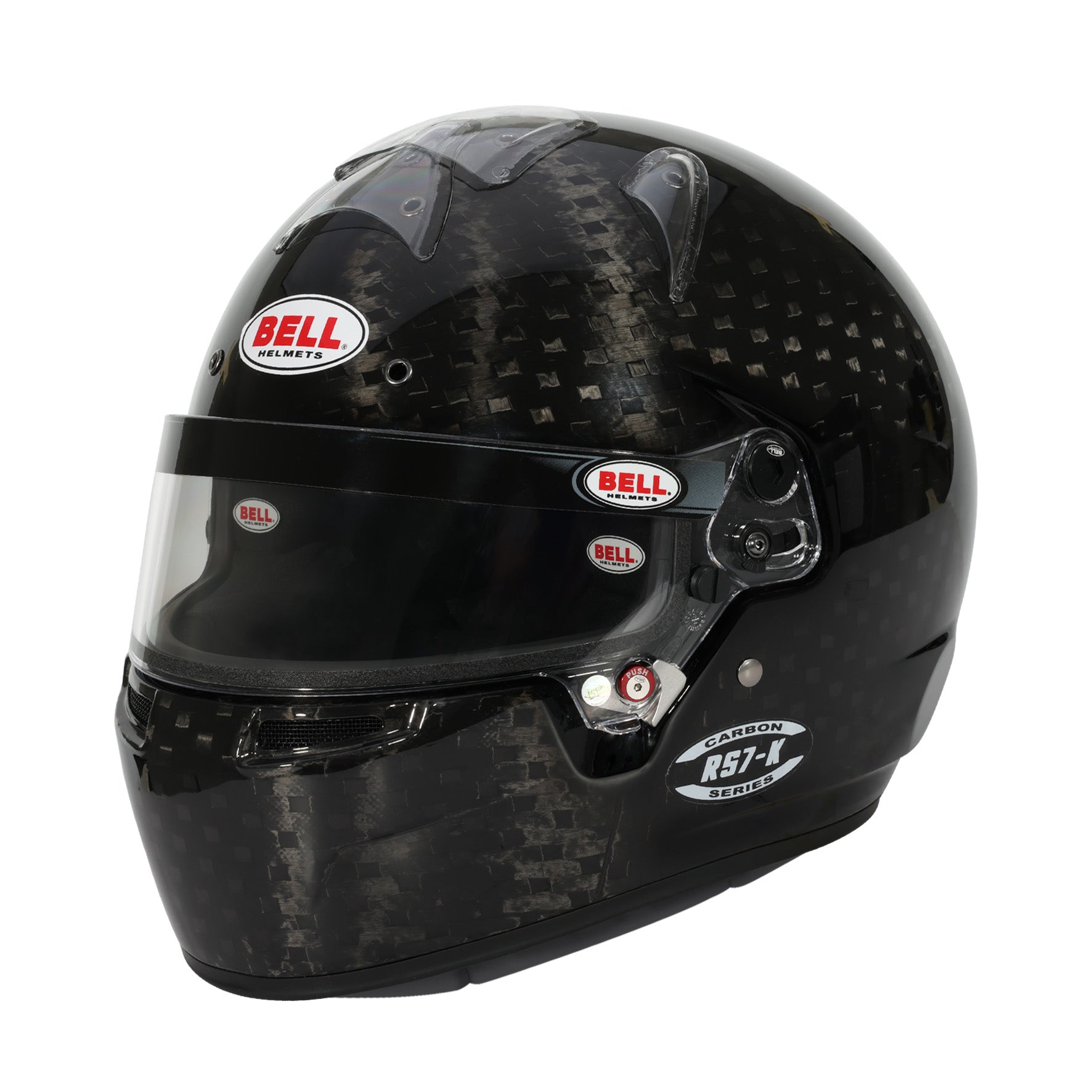 Left angle view of Bell RS7-K Ultra Carbon Helmet K2025 showing carbon fiber weave and aerodynamic profile