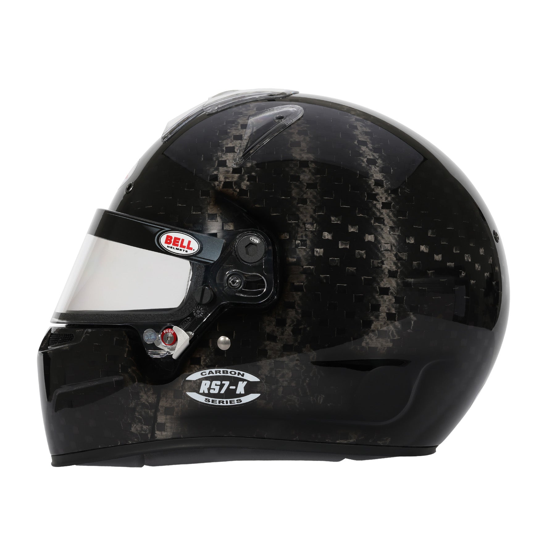 Left side view of Bell RS7-K Ultra Carbon Helmet K2025 highlighting visor mechanism and side vents