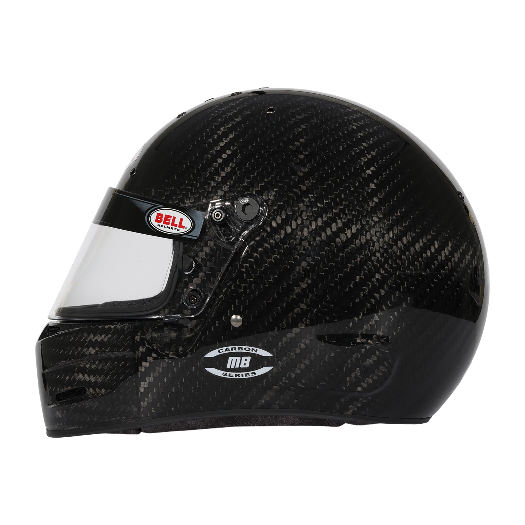 Left side view of Bell M8 Ultra Carbon Helmet SA2025 highlighting visor pivot and side vent detail