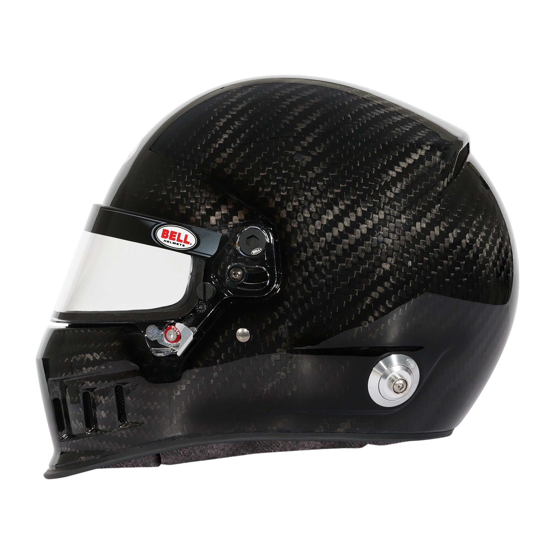 Bell XD7 Ultra Carbon helmet left-side profile with visible SmartLock visor system and HANS anchors.