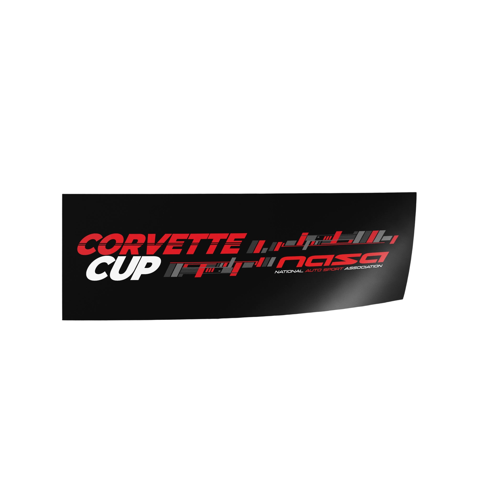 NASA Corvette Cup racing series decal, 12x4 inches, black background with red and white Corvette Cup and NASA motorsport logo graphics
