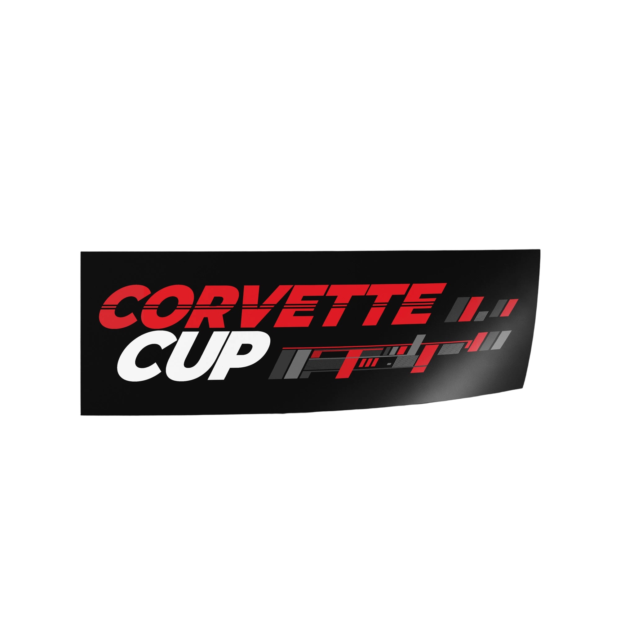 NASA Corvette Cup racing decal, 12x4 inches, bold red and white Corvette Cup lettering with speed graphic details on a black background