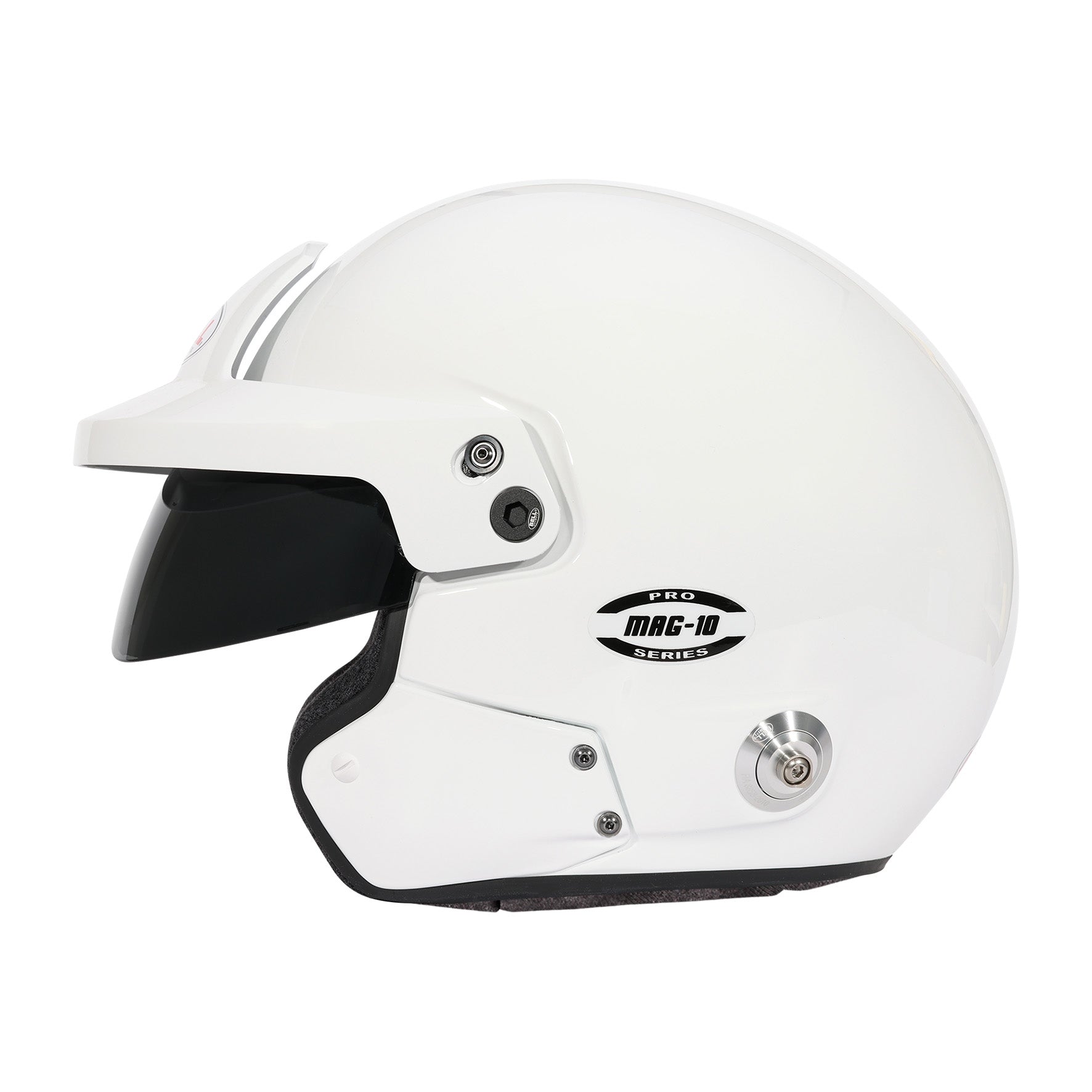 Side view of Bell Mag-10 Pro SA2025 open-face racing helmet showing shell profile and visor mount