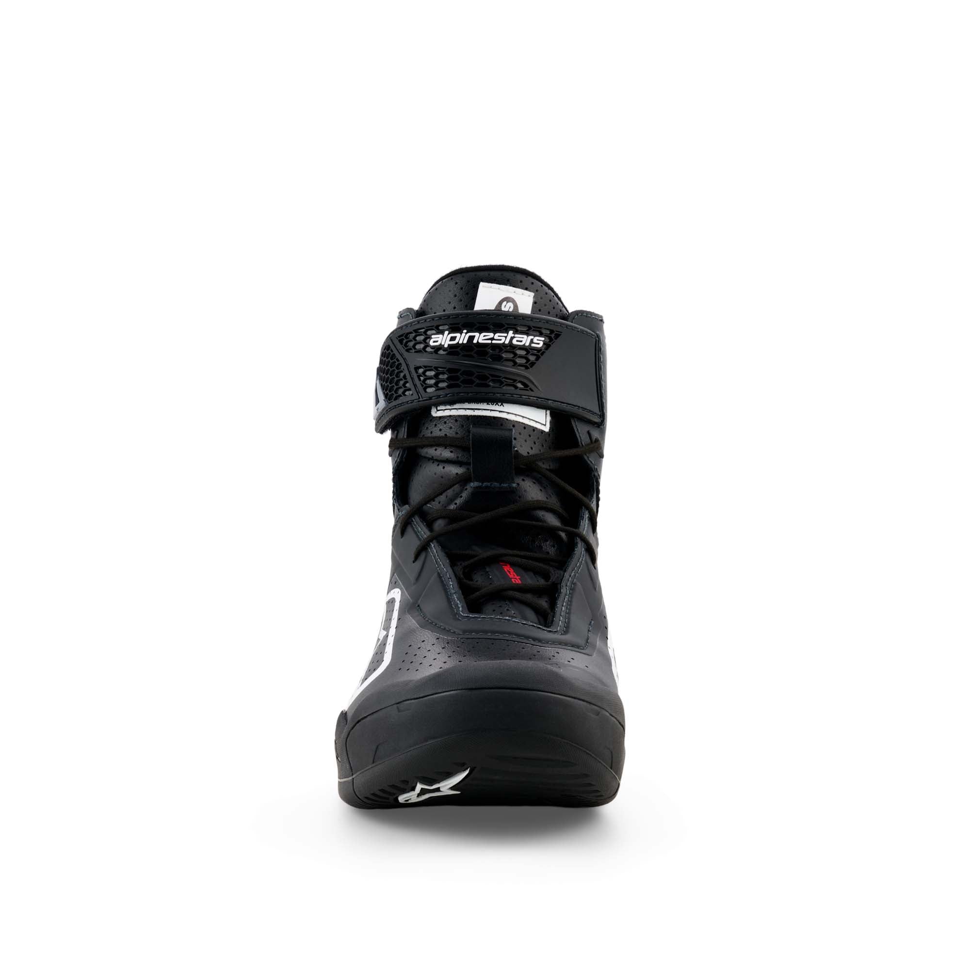 Alpinestars Radar V2 FIA/SFI Pit Crew Shoes in Black/White, front view showing leather upper with protective print, dual closure system, and overall shoe profile.