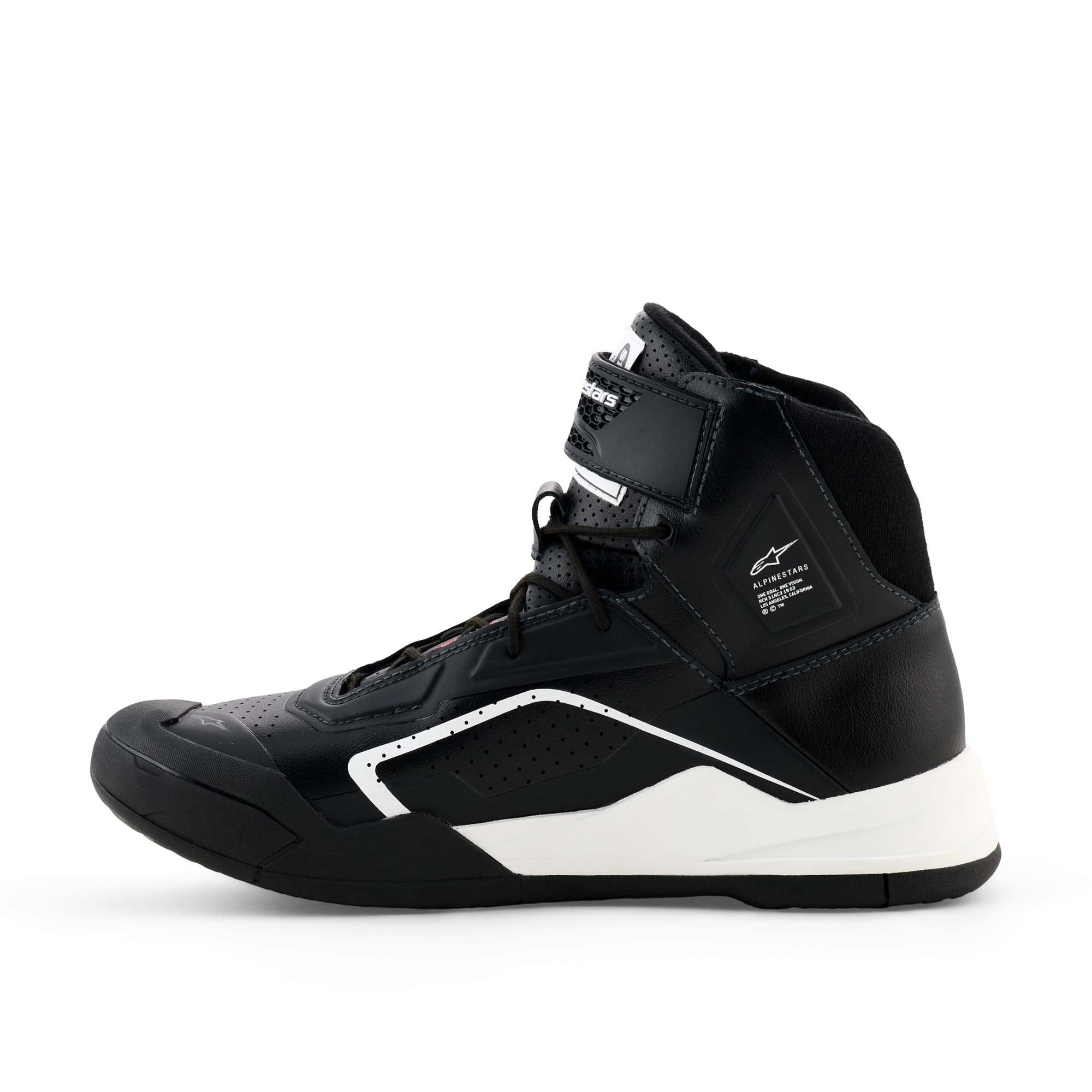 Alpinestars Radar V2 FIA/SFI Pit Crew Shoes in Black/White, inside view showing fireproof aramidic lining, tongue perforations, and interior construction.