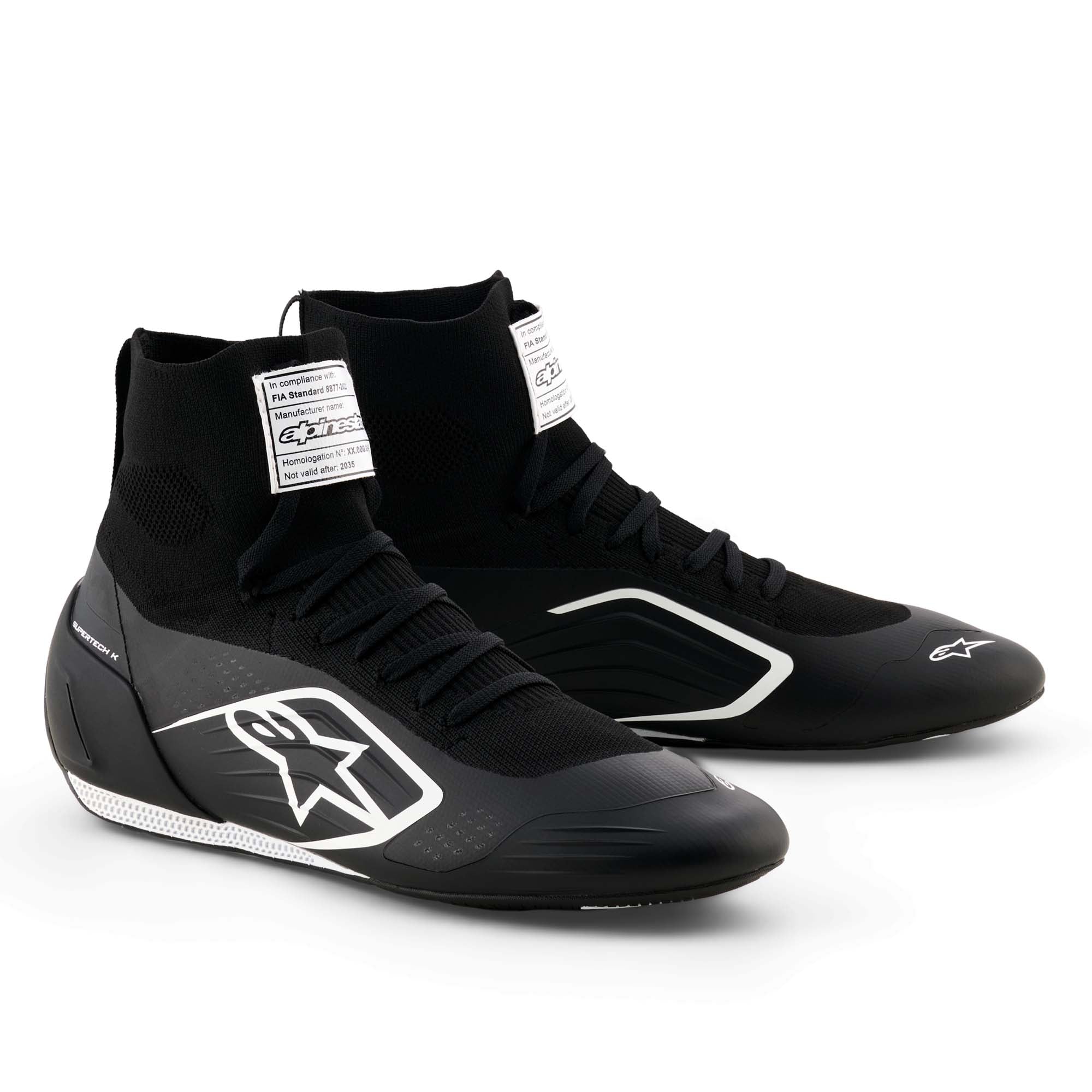 Alpinestars Supertech K FIA Karting Shoes in Black/White, showing fully knitted upper, TPU heel counter, and ultra-thin F1-derived rubber outsole.