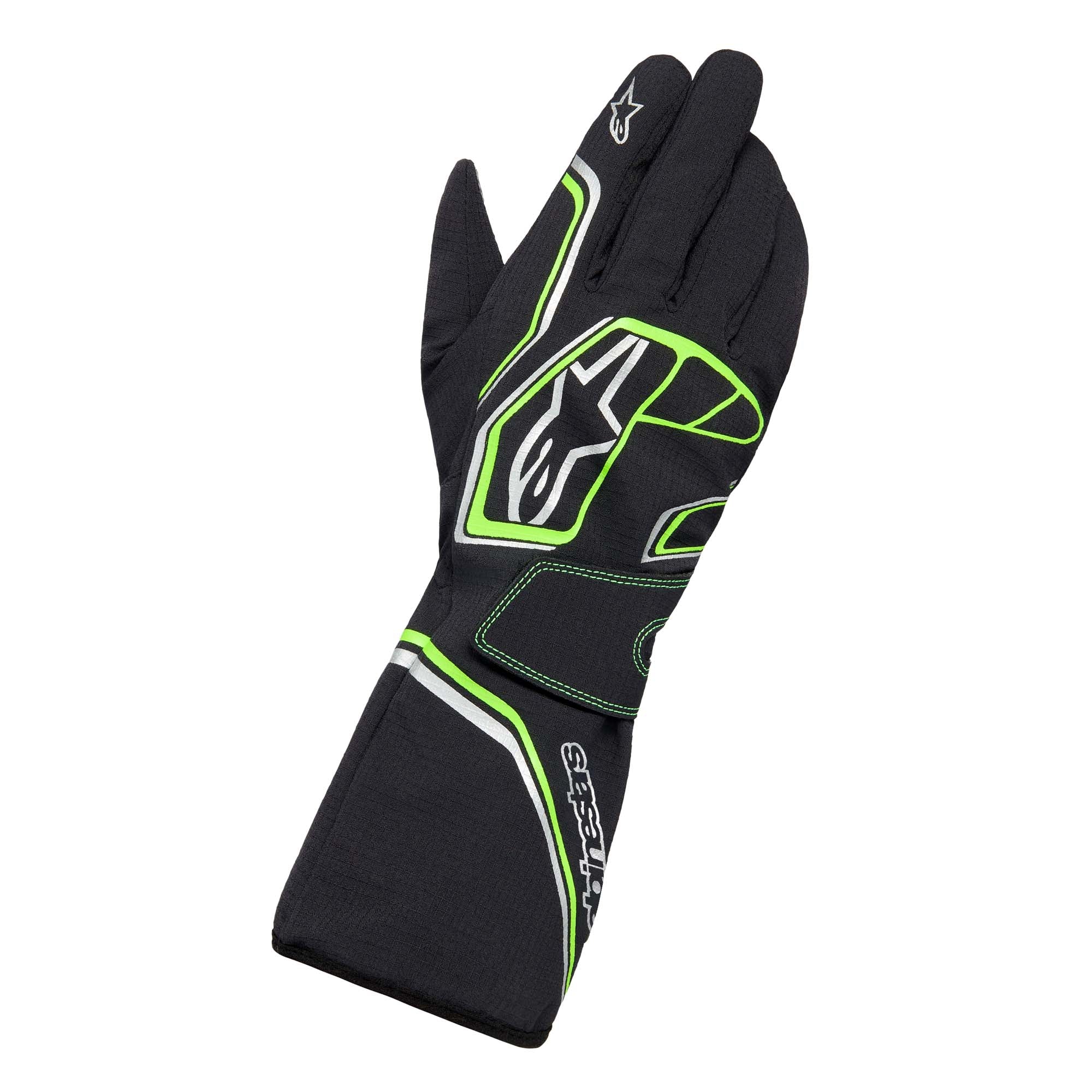 Alpinestars Tempest V3 Waterproof Karting Gloves in Black/Fluo Green with silicone palm grip and ripstop outer shell