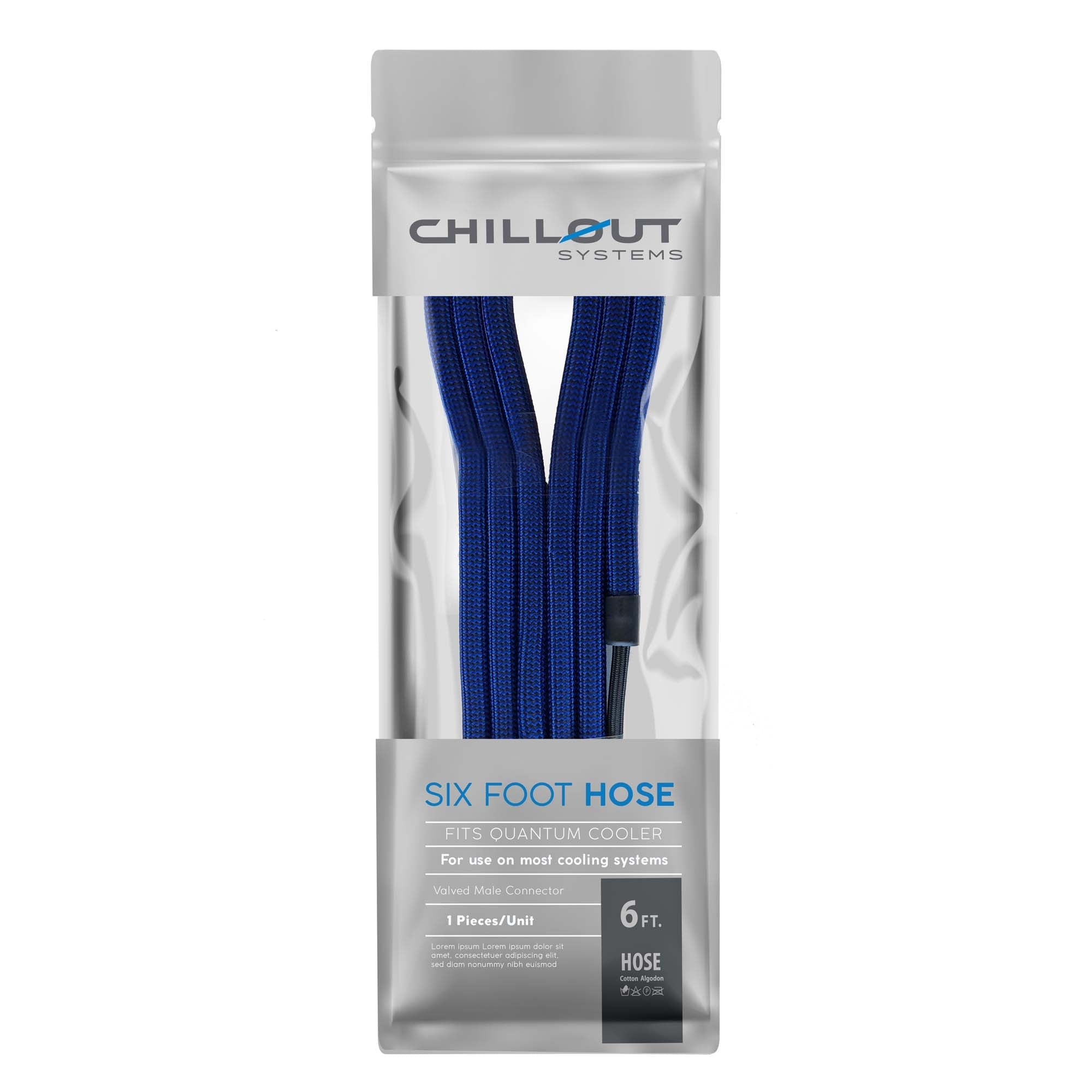 Chillout Systems 6-foot insulated coolant hose with double-insulated fabric shield, male and female connectors, and heat shrink tubing included.