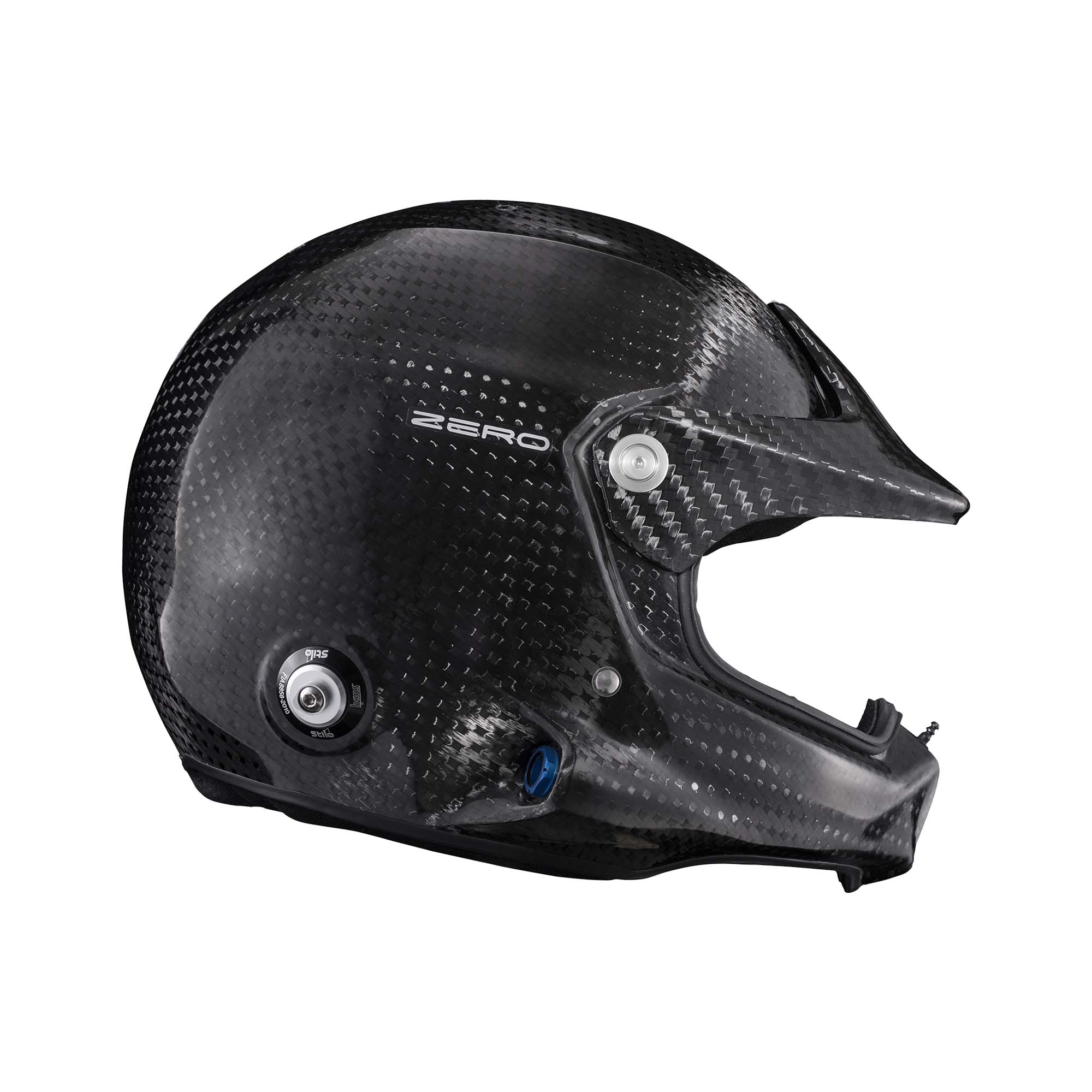 Right-side profile of Stilo Venti WRX Raid Carbon Zero helmet featuring short peak and FIA 8860 design.