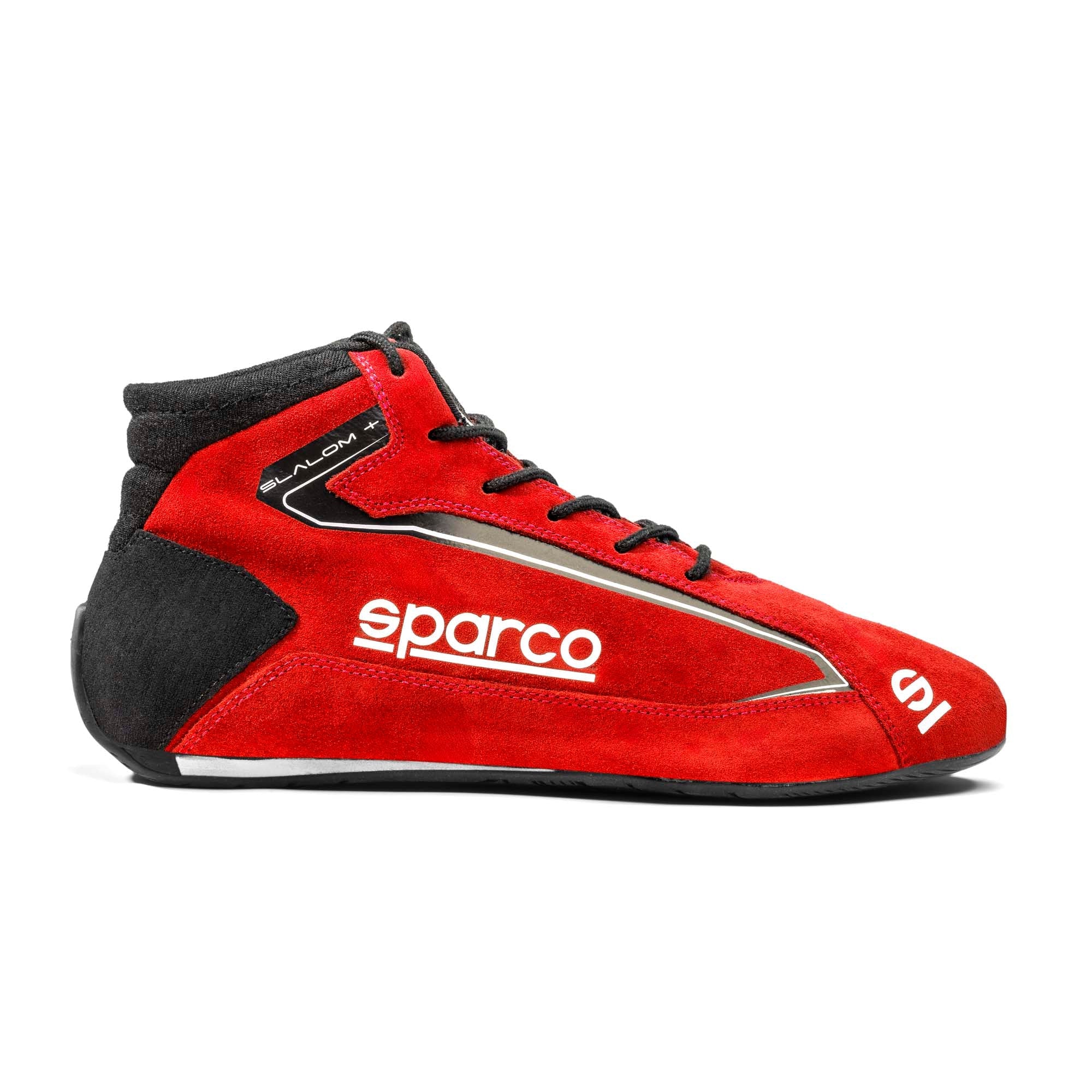 Sparco Slalom+ red racing shoe with black sole and white Sparco logo, FIA and SFI approved.