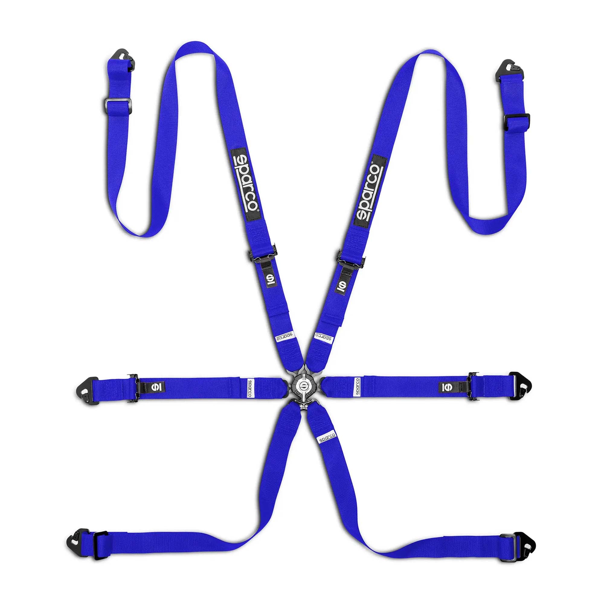 Sparco Comp H-2 6-point FIA racing harness in blue with pull-up lap belts, 2-inch shoulder straps, steel adjusters, and aircraft-quality quick-release buckle.
