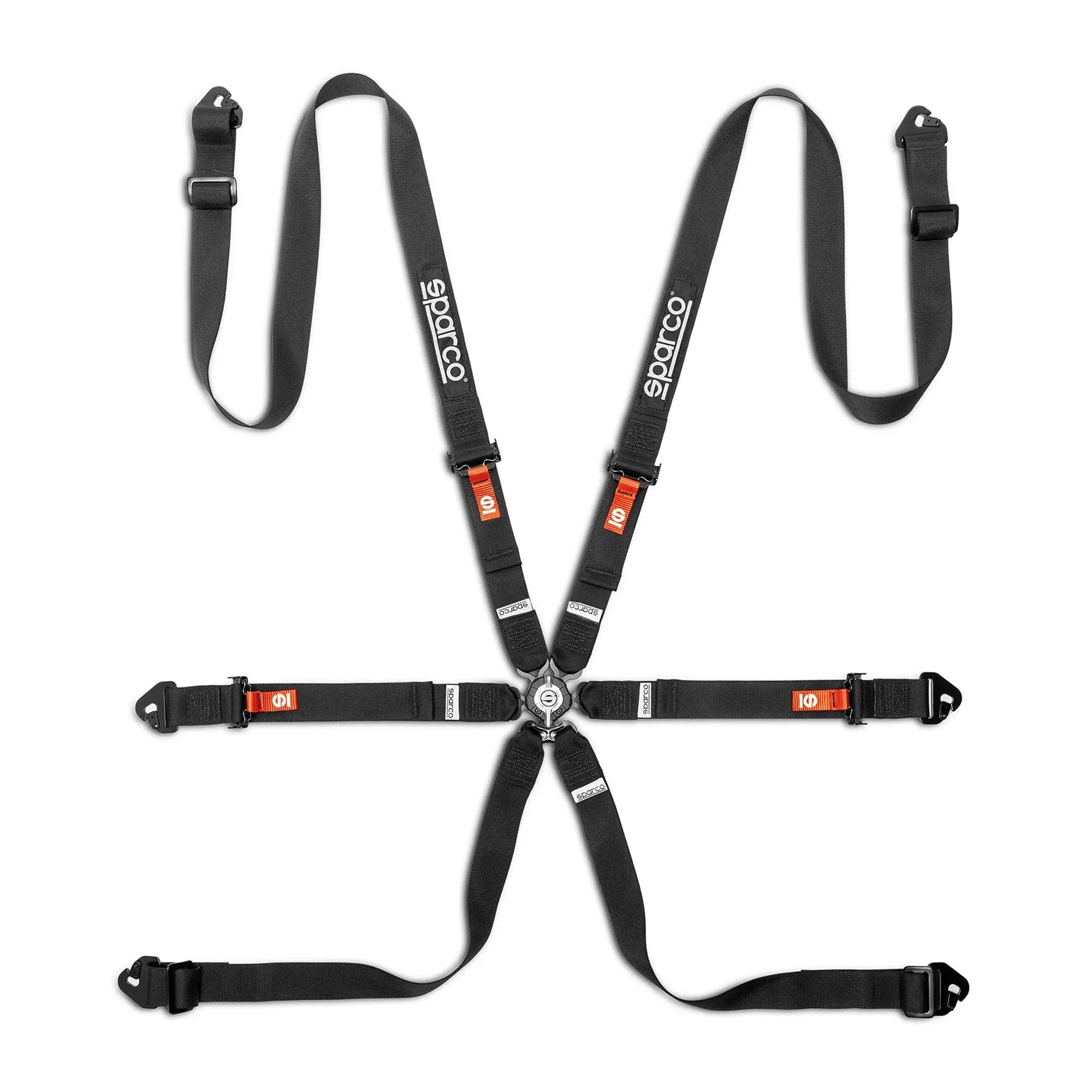 Sparco Comp H-2 6-point FIA racing harness in black with pull-up lap belts, 2-inch shoulder straps, steel adjusters, and aircraft-quality quick-release buckle.