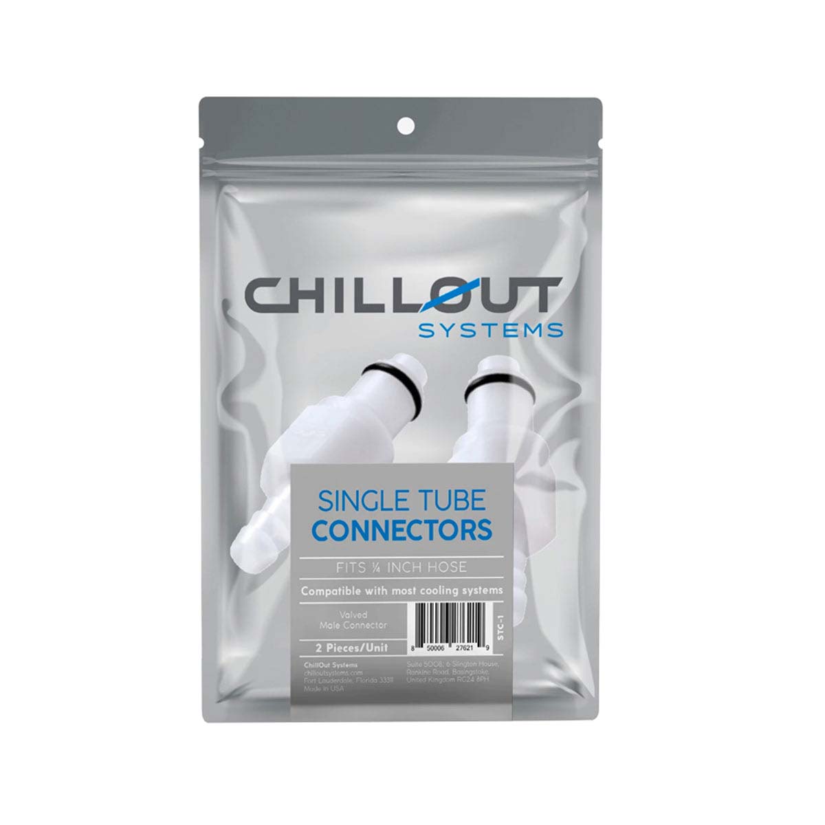 Chillout Systems Single Tube Connectors (pair) shown sealed in retail packaging with product label visible.