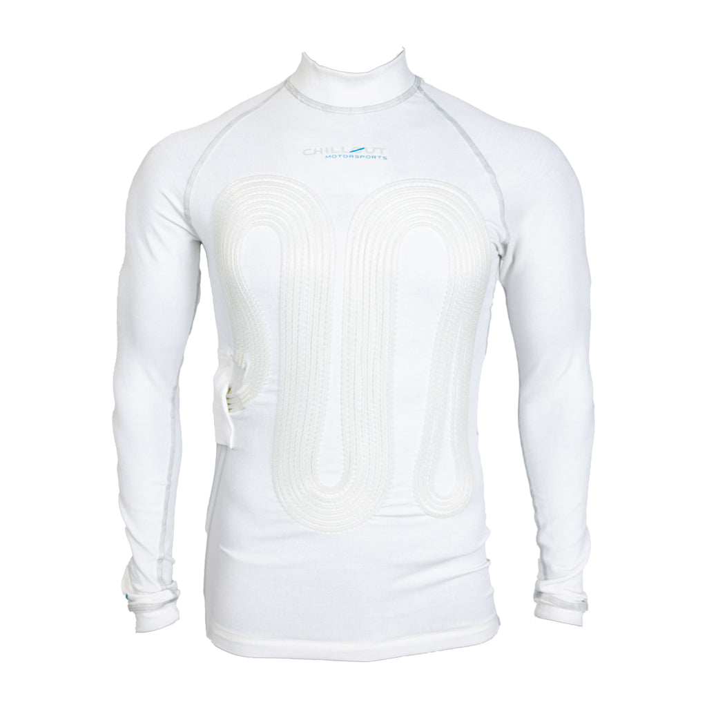 Chillout Systems Pro Touring Cooling Shirt in white, featuring fire-resistant construction and internal cooling tube network.