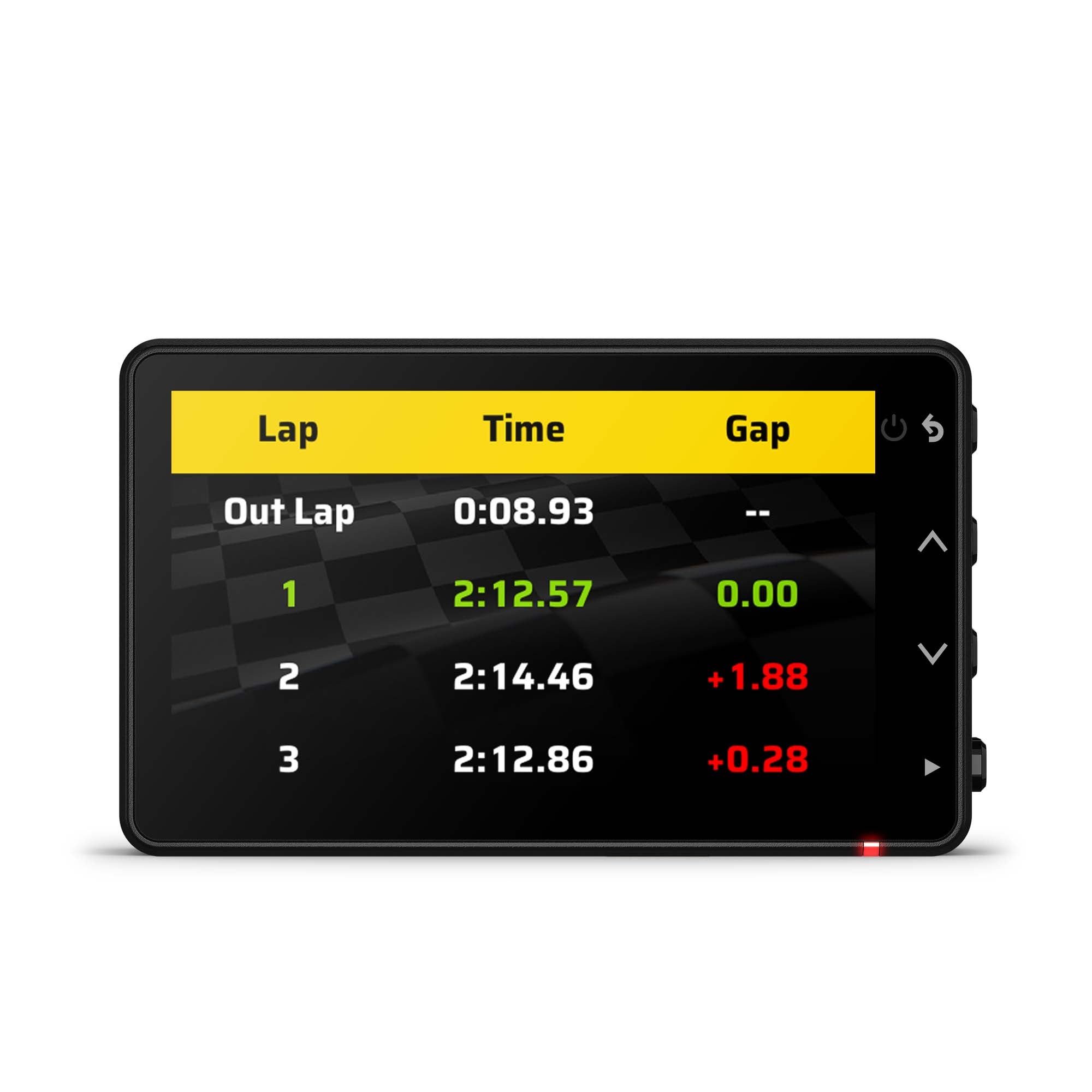 Lap time display of Garmin Catalyst 2 driving performance optimizer with 3-inch touchscreen and built-in HD camera