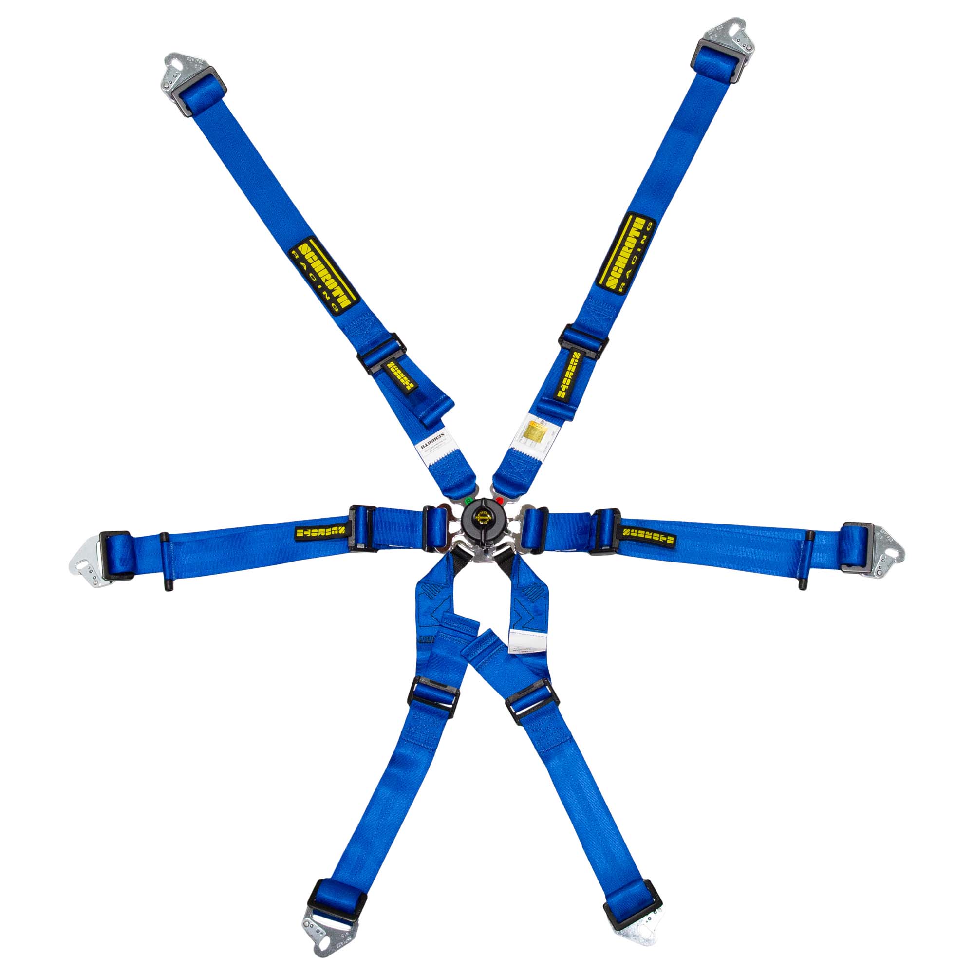 Schroth Flexi 2x2 FIA racing harness in blue featuring 2″ shoulder and lap straps for HANS device use.