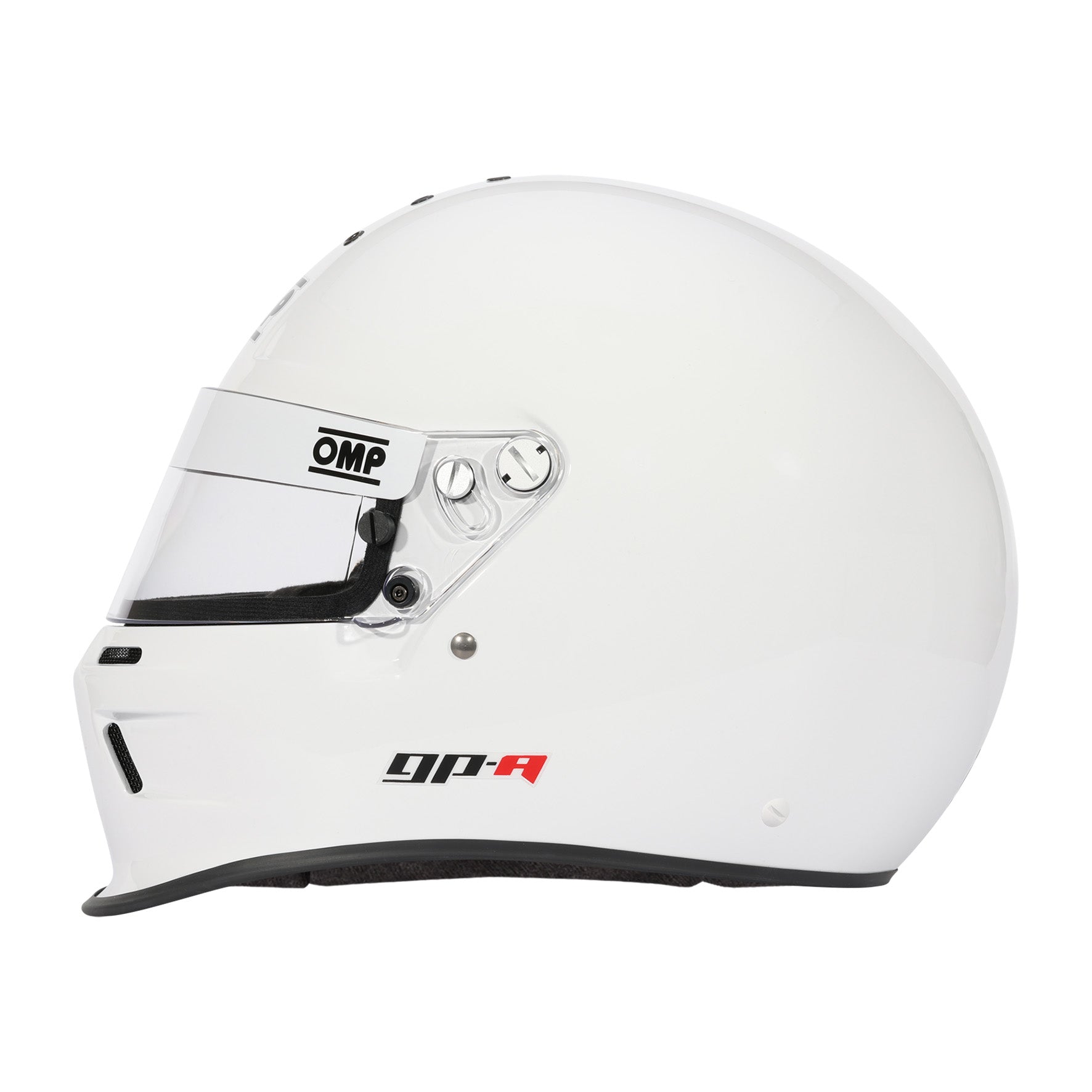 OMP GP-A full-face racing helmet in white with integrated chin bar gurney and aerodynamic composite shell, SA2025 certified
