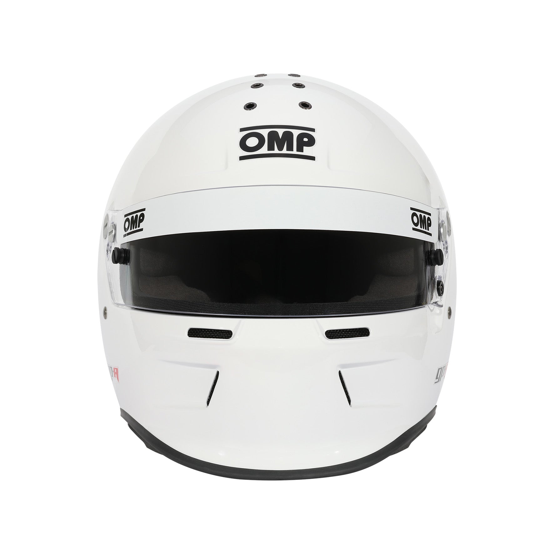 OMP GP-A full-face racing helmet in white with integrated chin bar gurney and aerodynamic composite shell, SA2025 certified