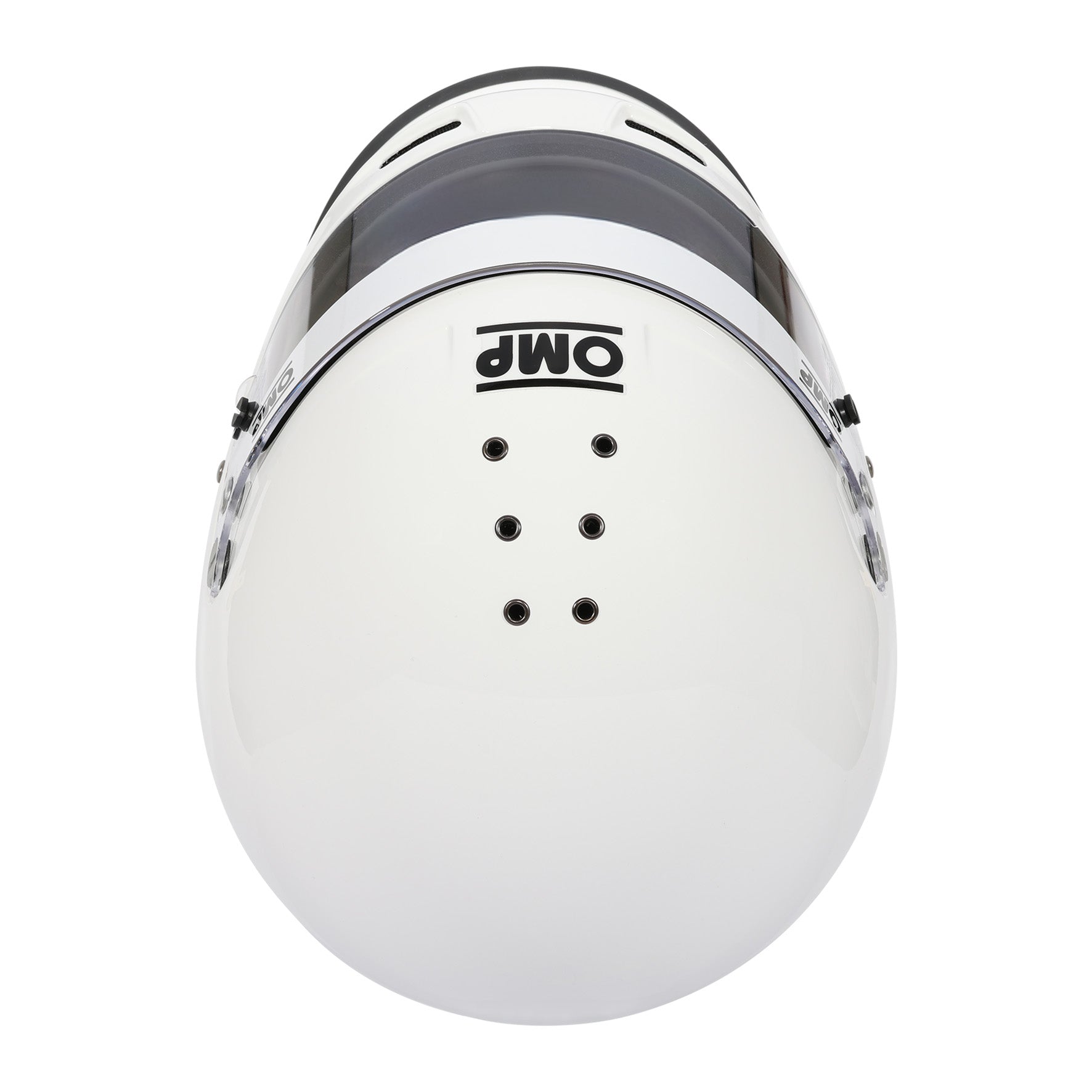 OMP GP-A full-face racing helmet in white with integrated chin bar gurney and aerodynamic composite shell, SA2025 certified