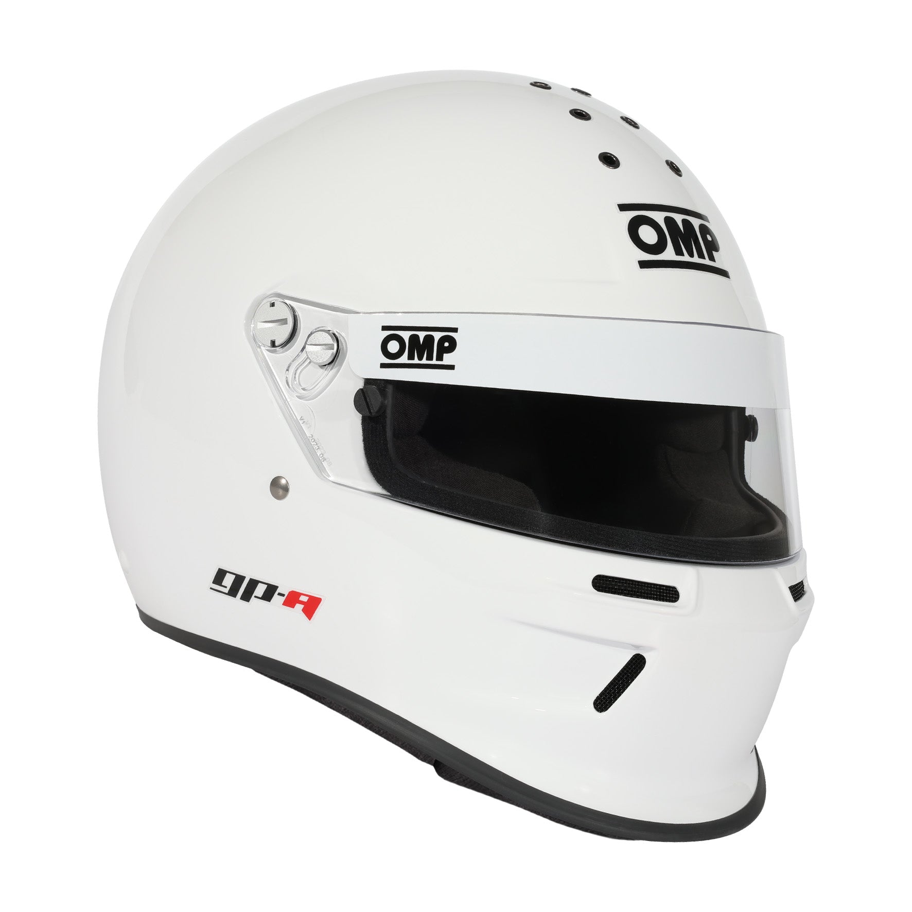 OMP GP-A full-face racing helmet in white with integrated chin bar gurney and aerodynamic composite shell, SA2025 certified