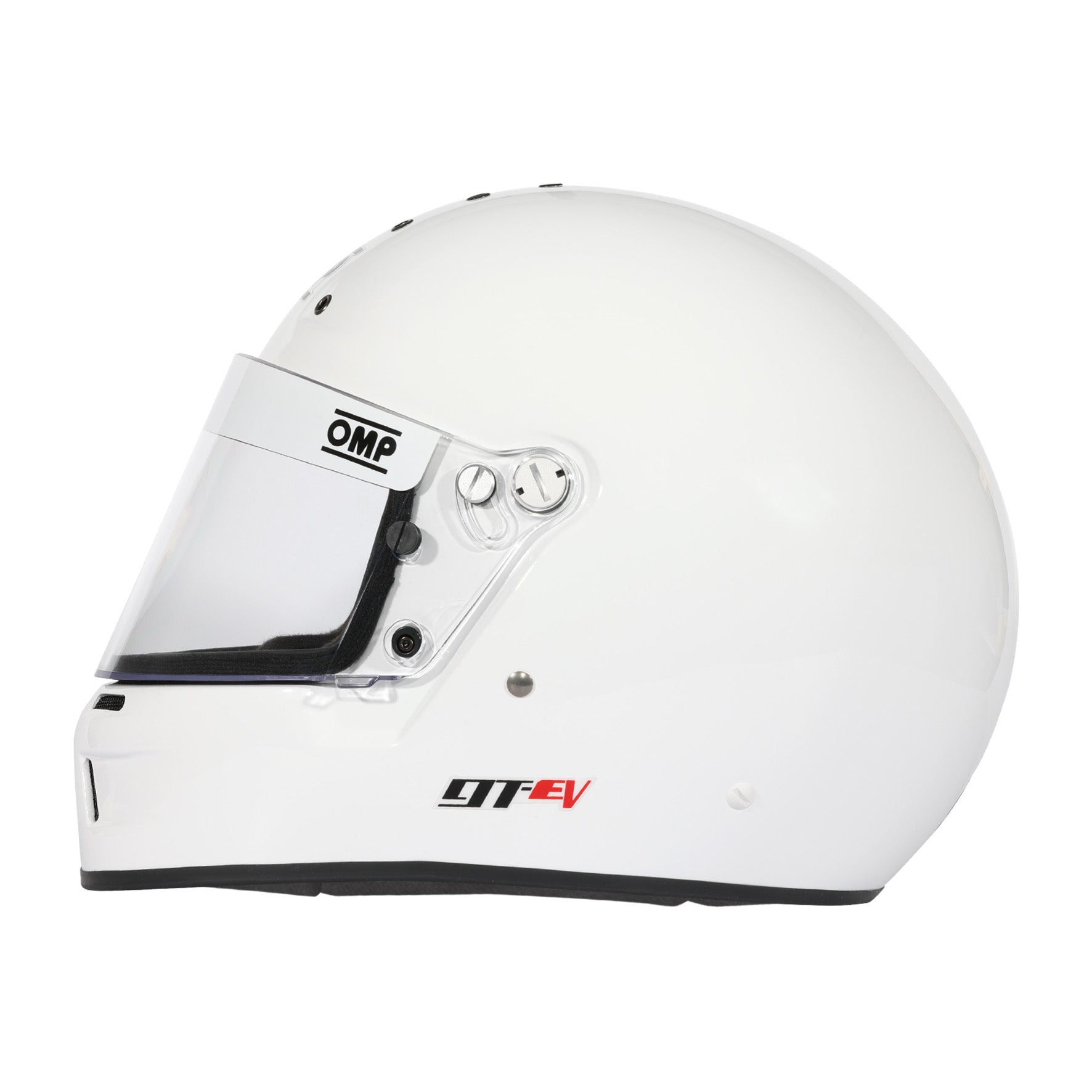Side view of OMP GT-EV SA2025 racing helmet showing composite shell profile and ventilation ports