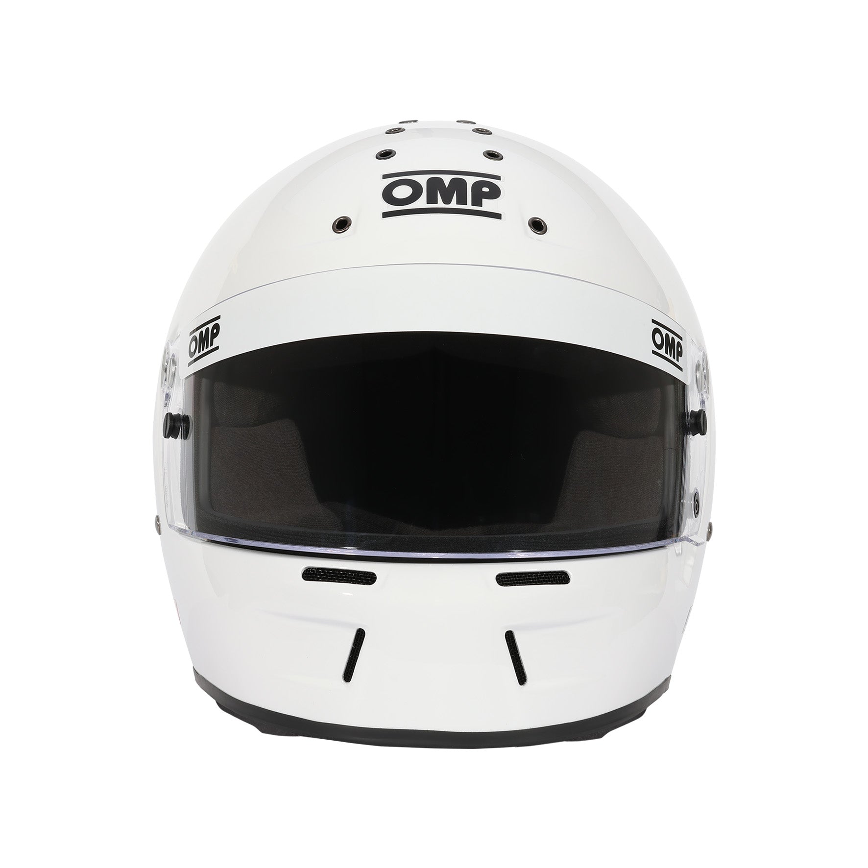 Front view of OMP GT-EV SA2025 racing helmet with wide eye port opening