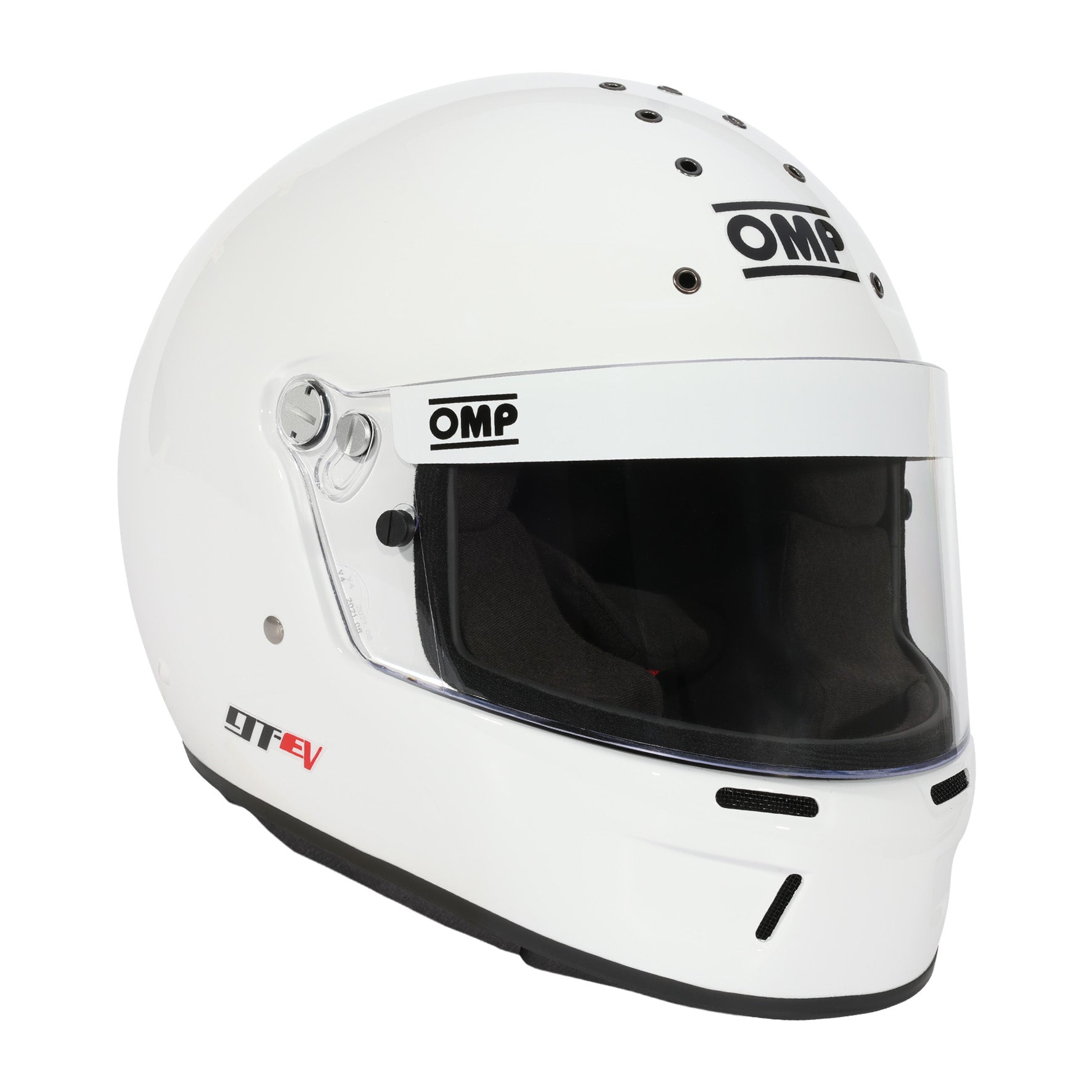 Front angled view of OMP GT-EV SA2025 racing helmet displaying eye port and shell shape