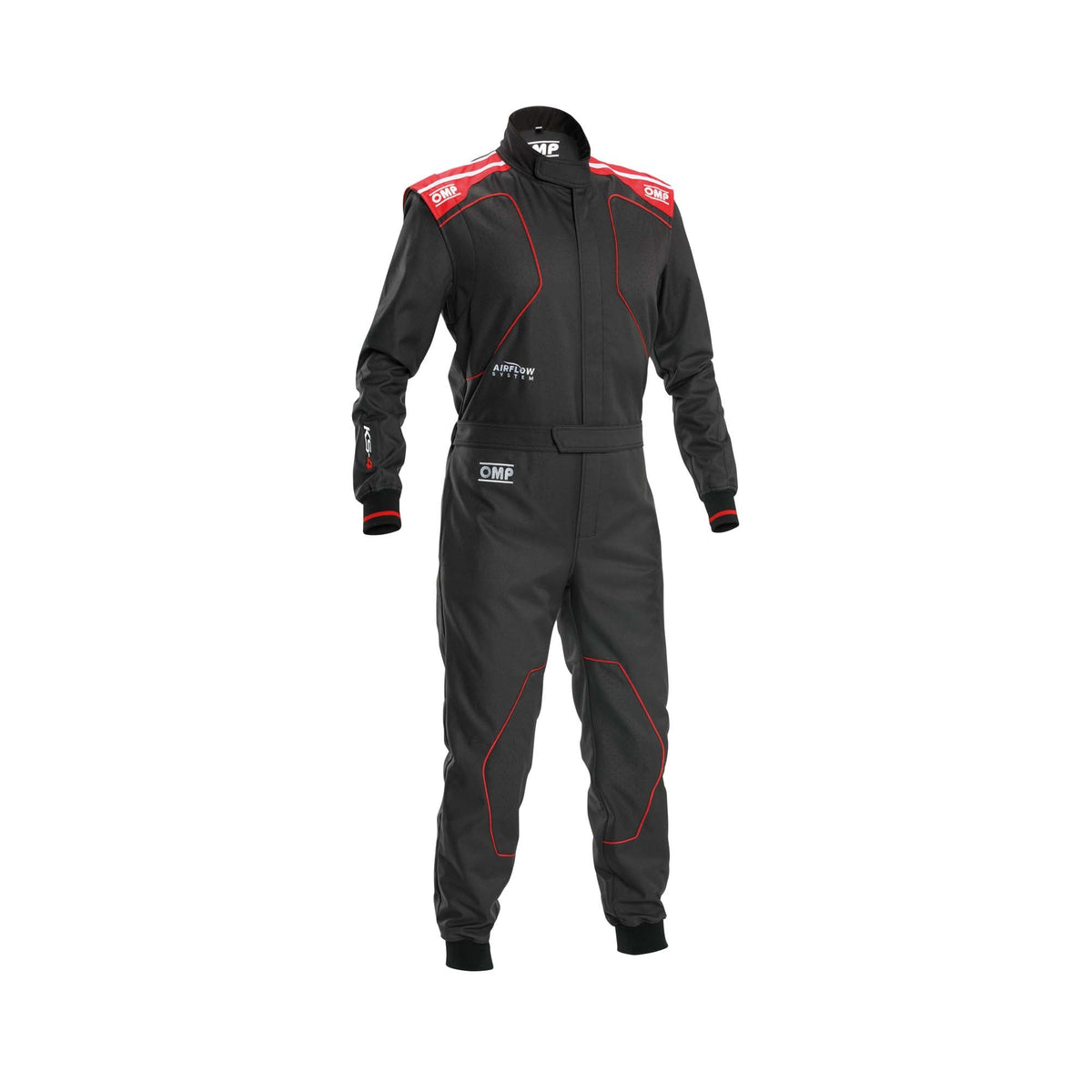 OMP KS-4 v2 youth karting suit in Black/Red with breathable mesh lining