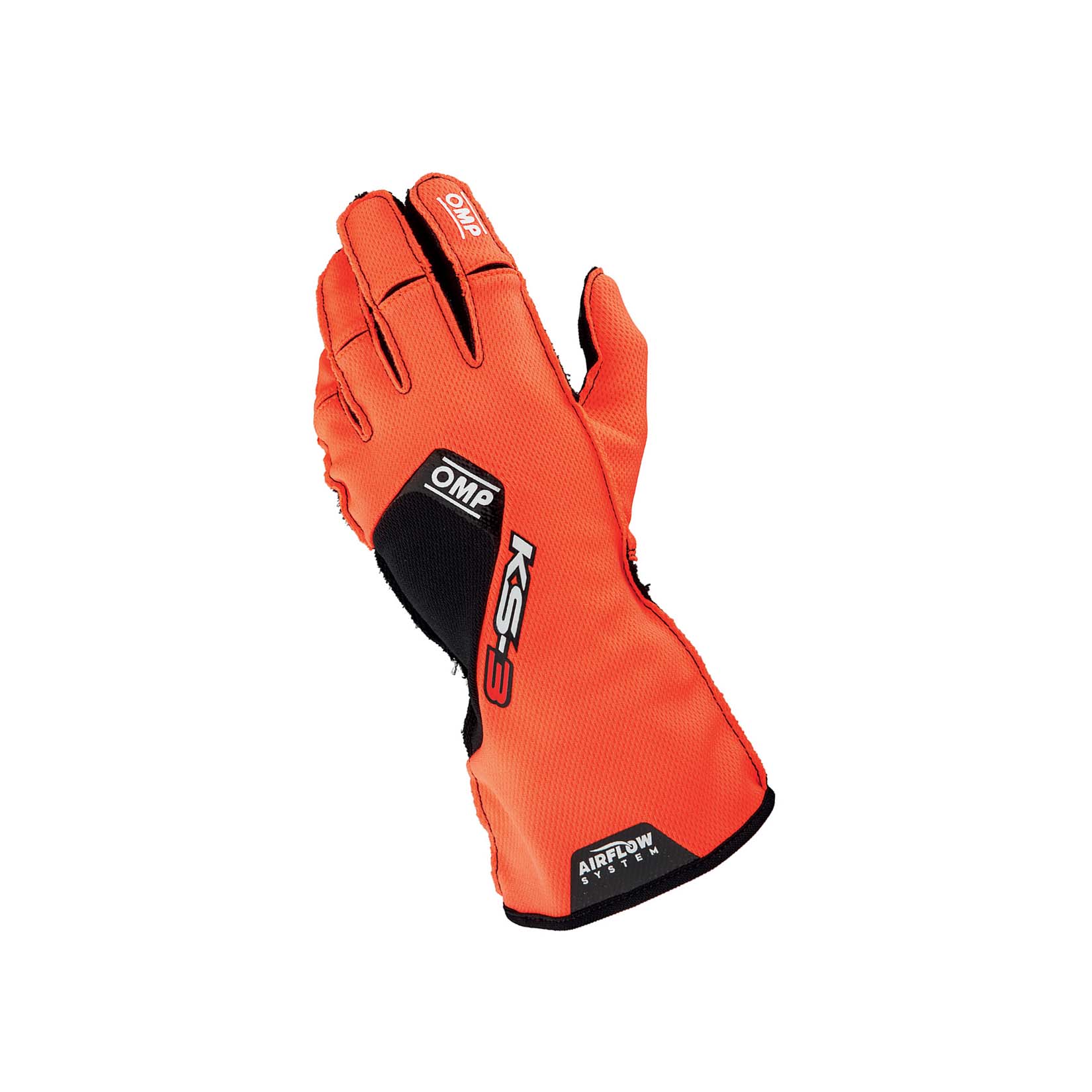 OMP KS-3 v2 youth karting gloves in orange and black with AirFlow textured palm and pre-shaped fingers