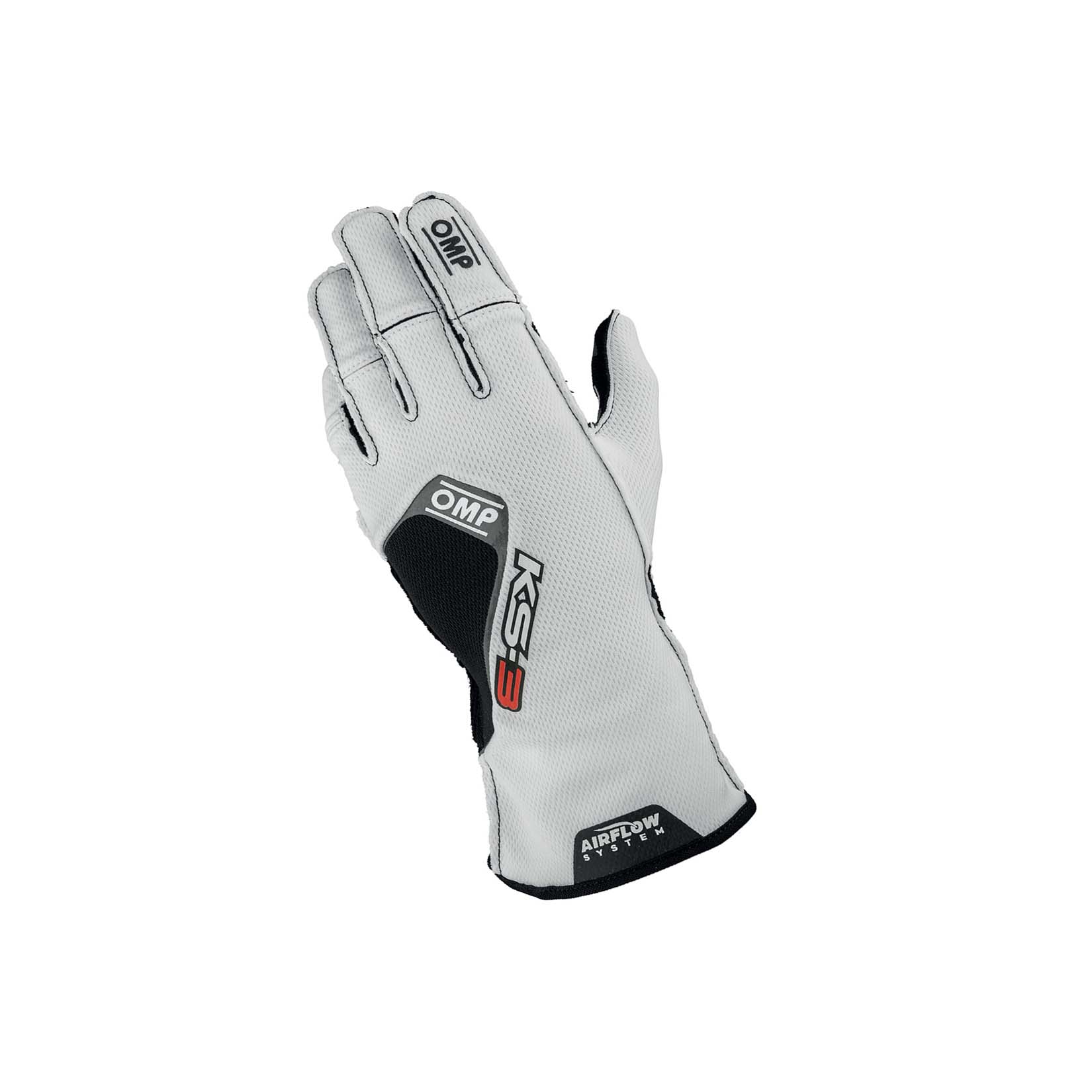 OMP KS-3 v2 youth karting gloves in white and black with AirFlow textured palm and pre-shaped fingers