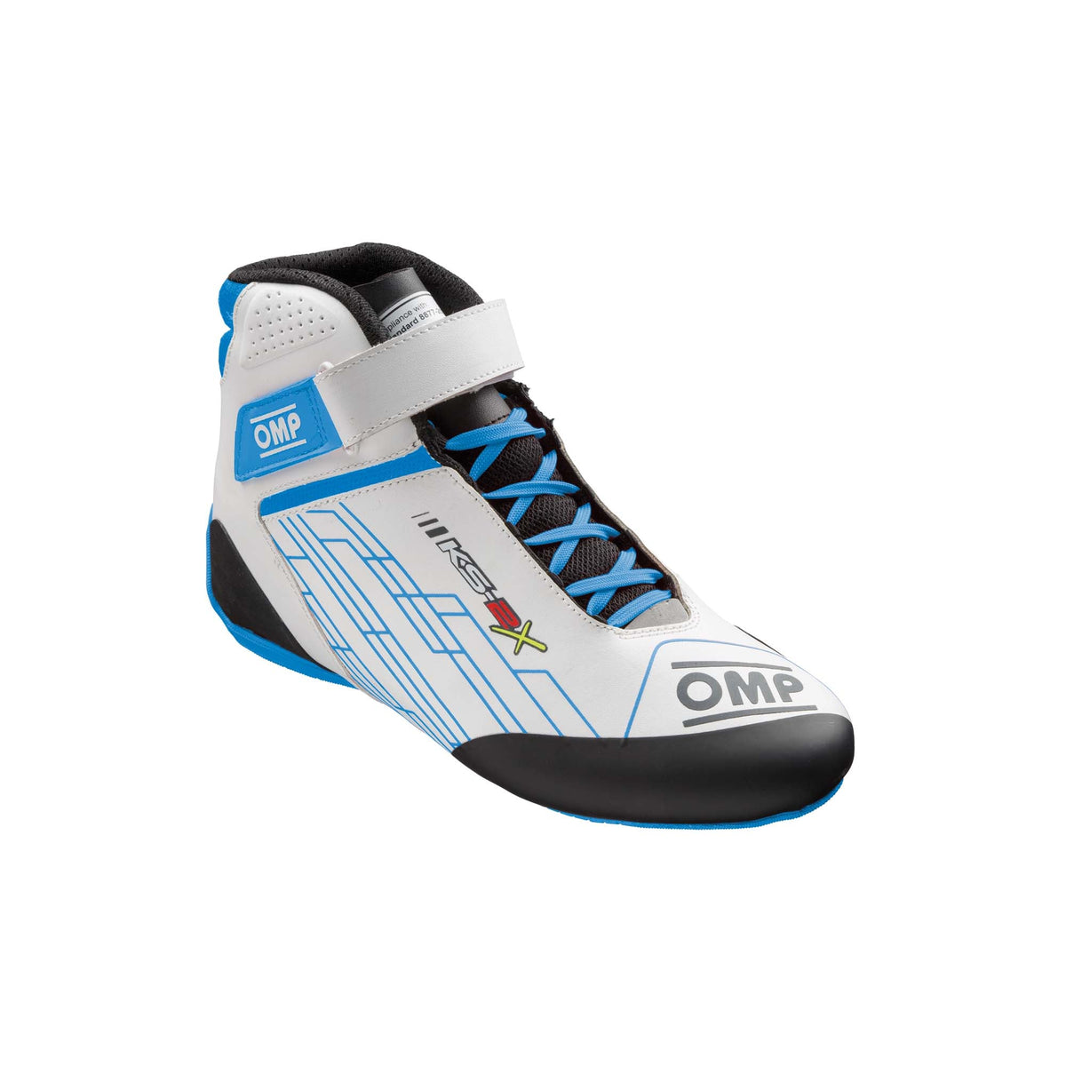 OMP KS-2X FIA 8877-2022 youth karting shoes in White/Cyan with two-tone outsole