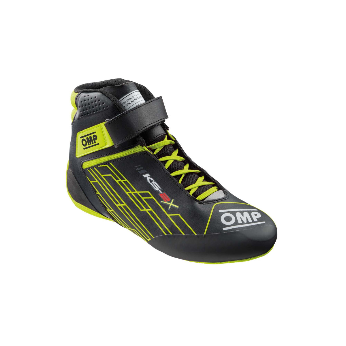 OMP KS-2X FIA 8877-2022 youth karting shoes in Black/Fluo Yellow with inward Velcro ankle strap