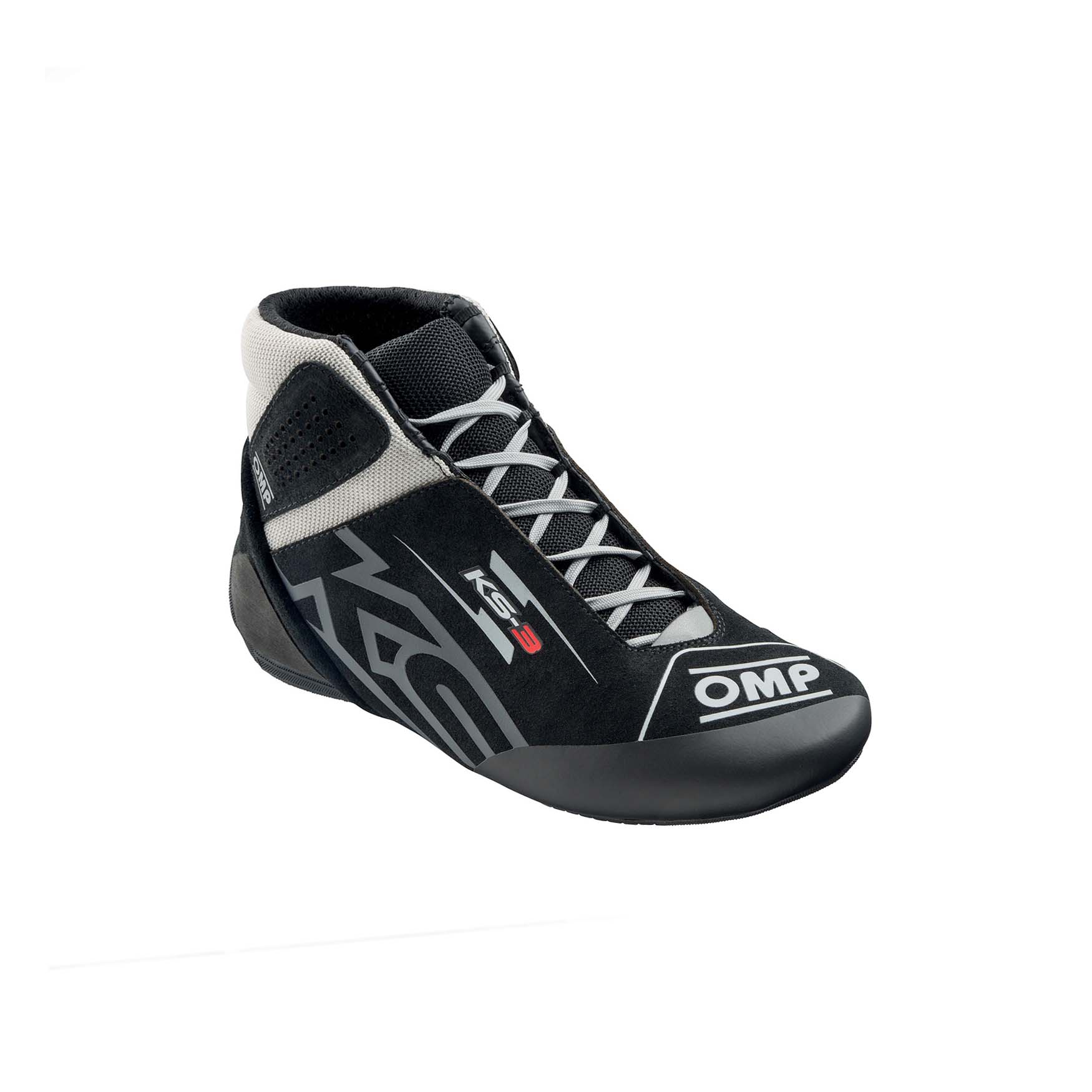 OMP KS-3 youth karting shoes in black suede with silver accents and two-tone kart-specific outsole