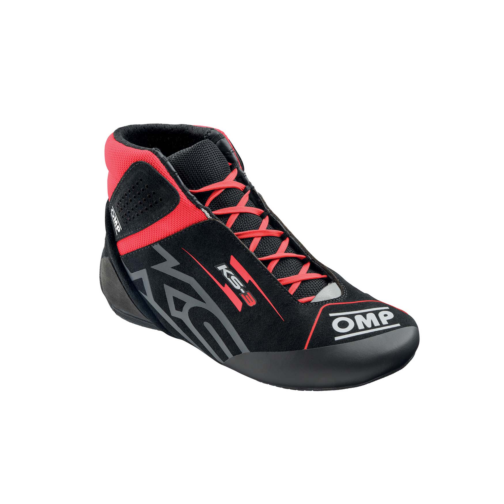 OMP KS-3 youth karting shoes in black suede with red accents and two-tone kart-specific outsole