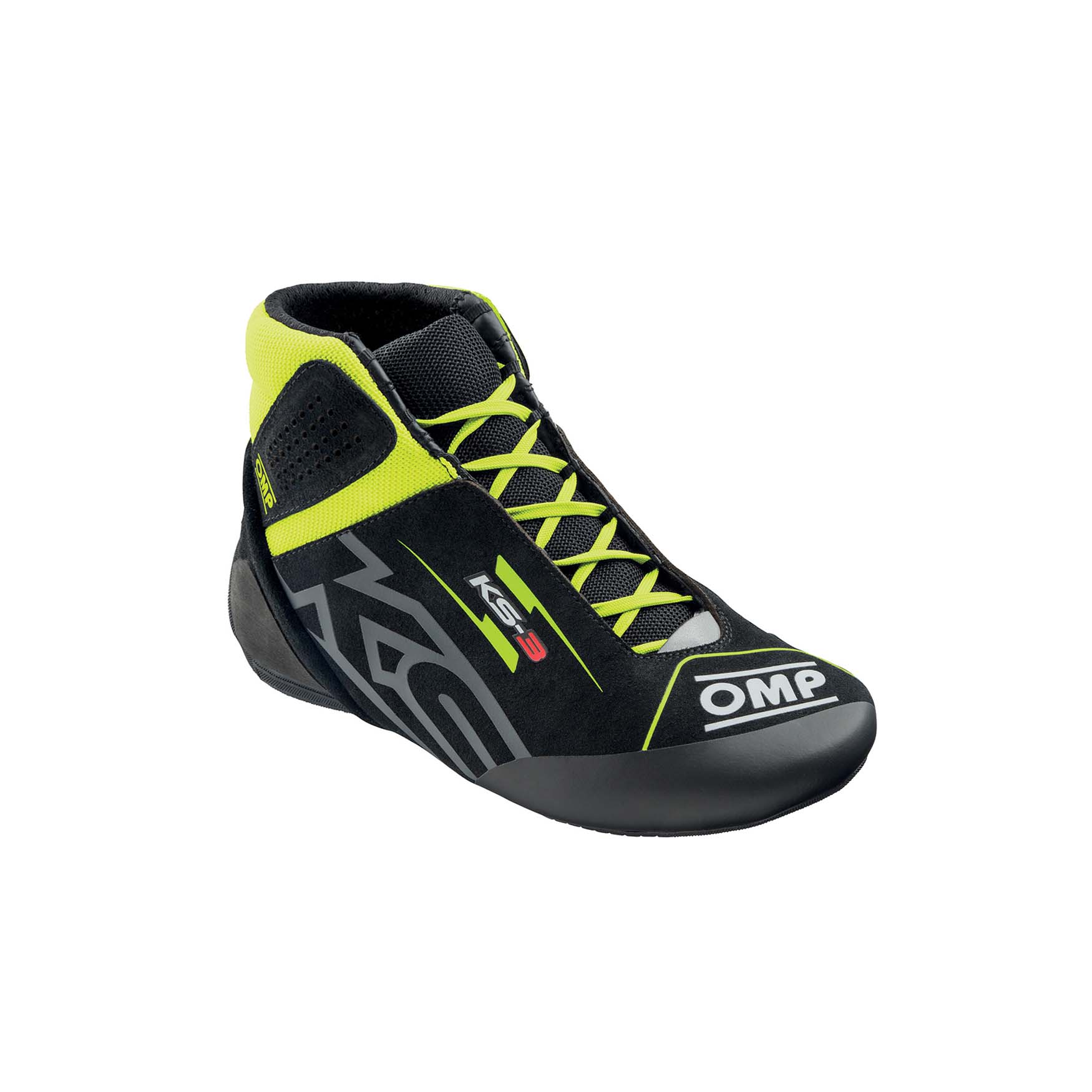 OMP KS-3 youth karting shoes in black suede with fluo yellow accents and two-tone kart-specific outsole