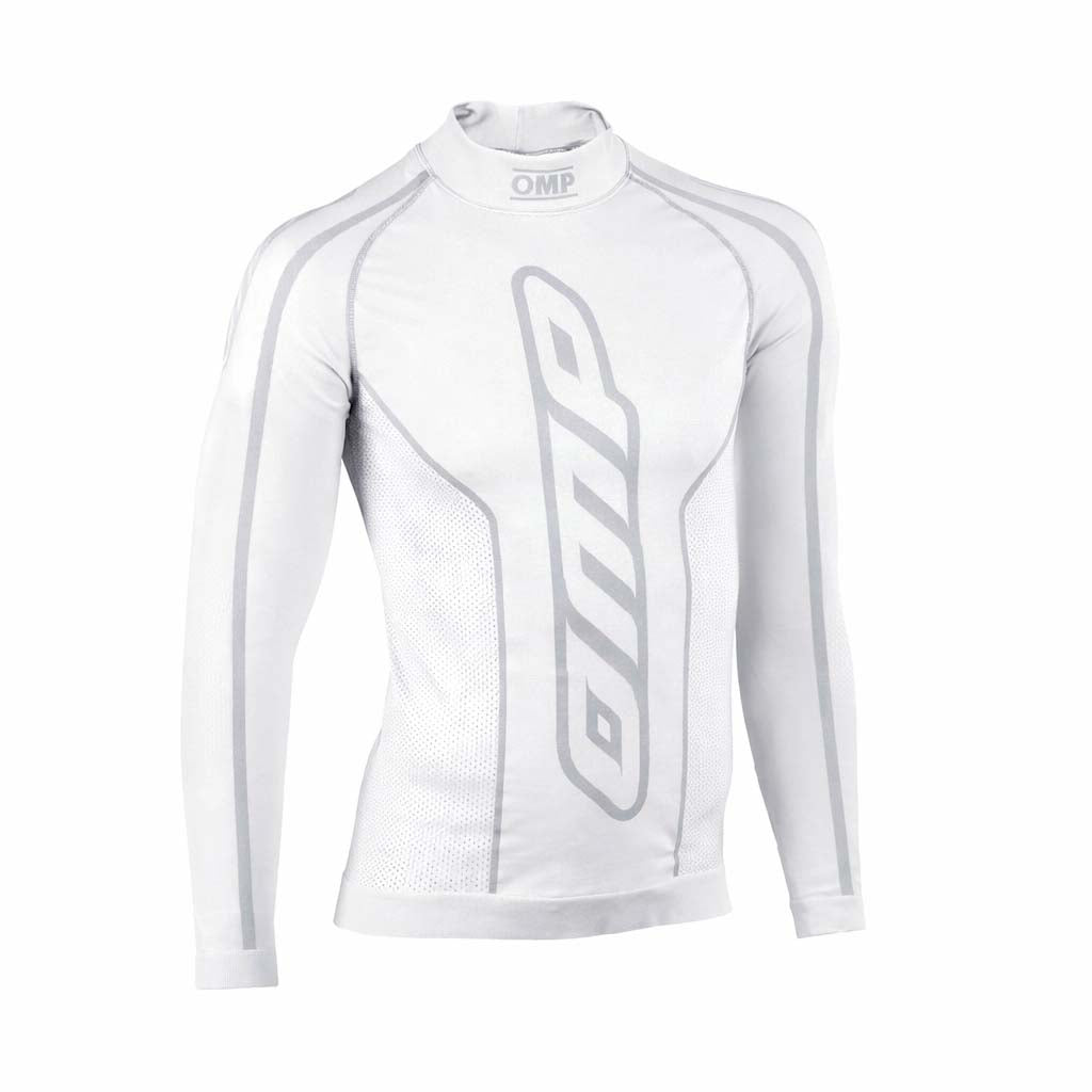 OMP KS karting long sleeve undershirt in white with seamless 3D knit Dryarn fabric designed for moisture wicking and temperature control.
