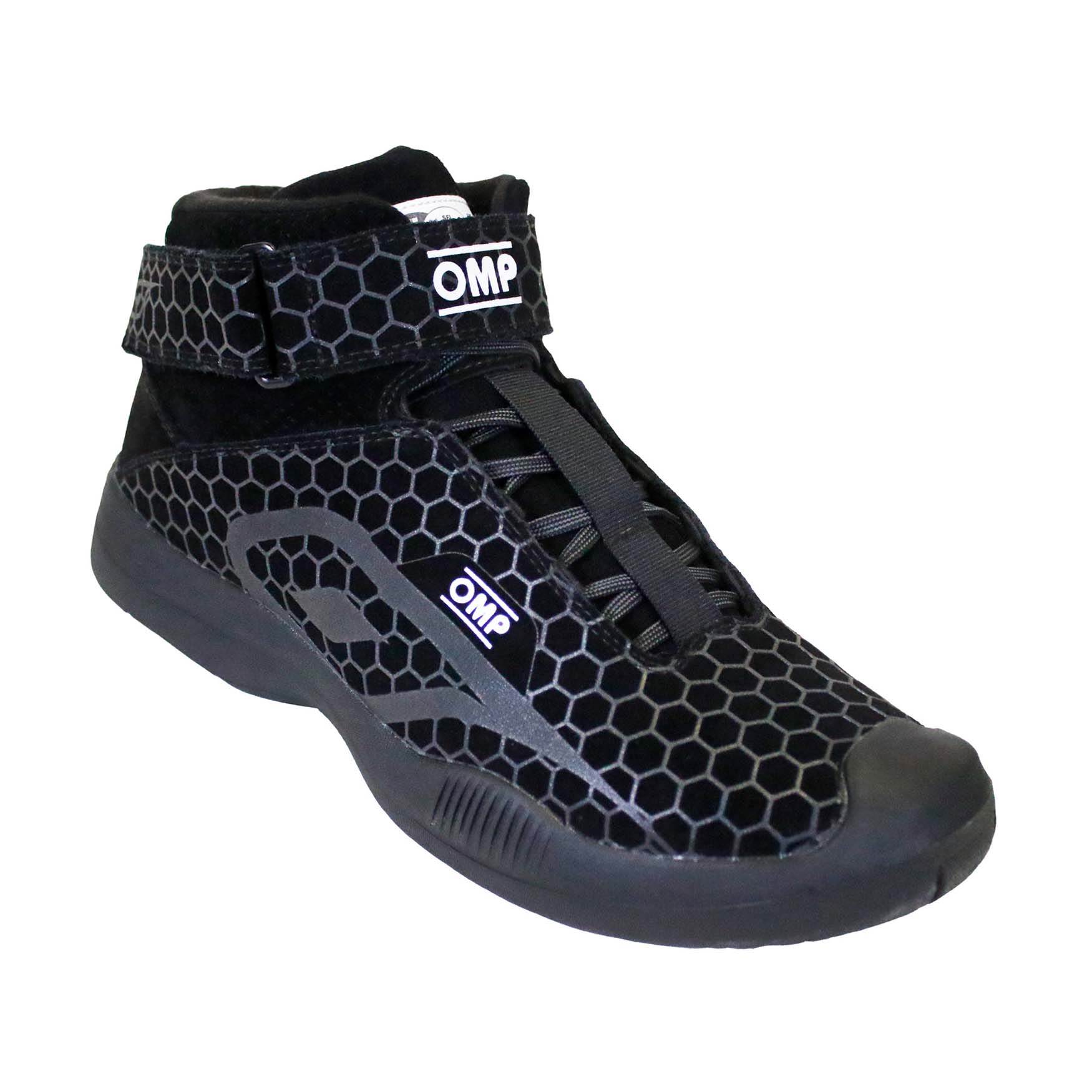 Side view of OMP Pit Crew fire-resistant shoe showing external suede panels and reinforced toe cap.