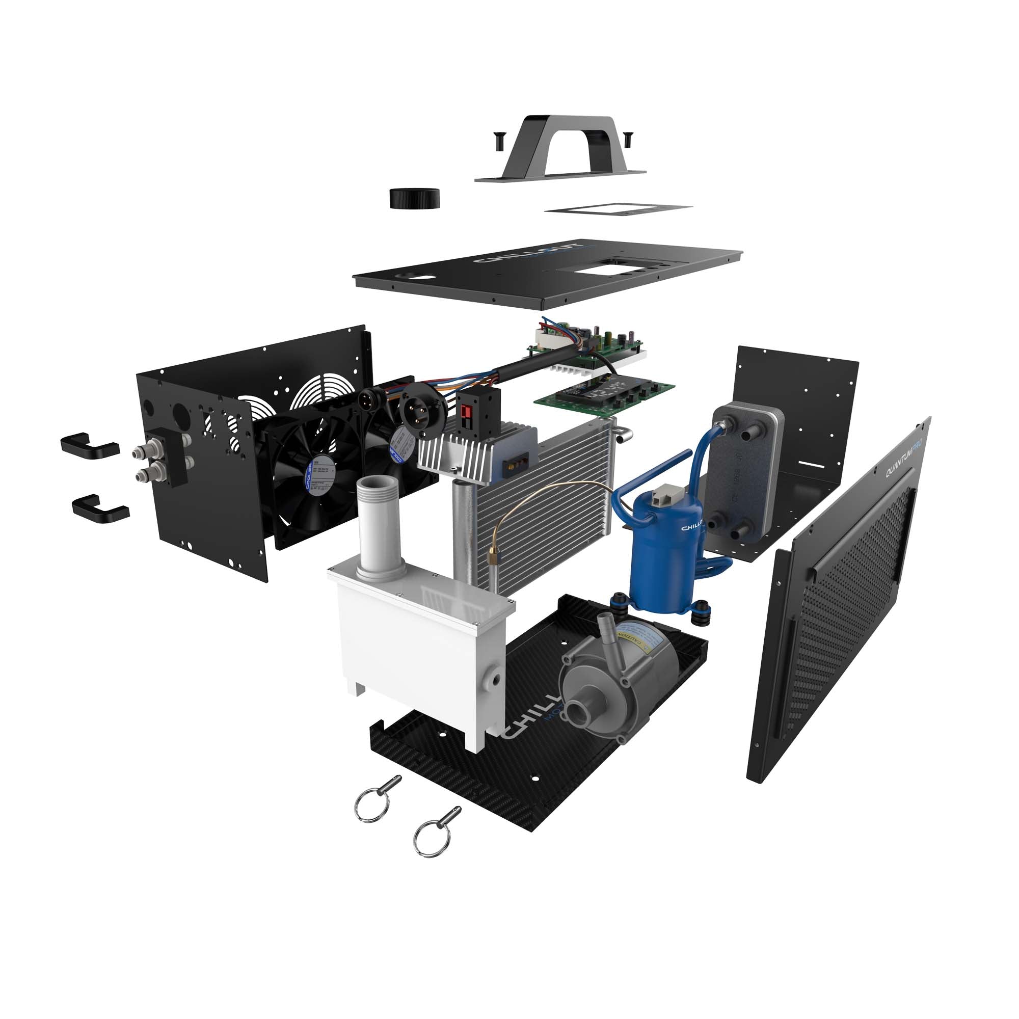 Exploded view of Quantum Pro Driver Cooling System iceless portable motorsport cooler with LCD display and dual fans
