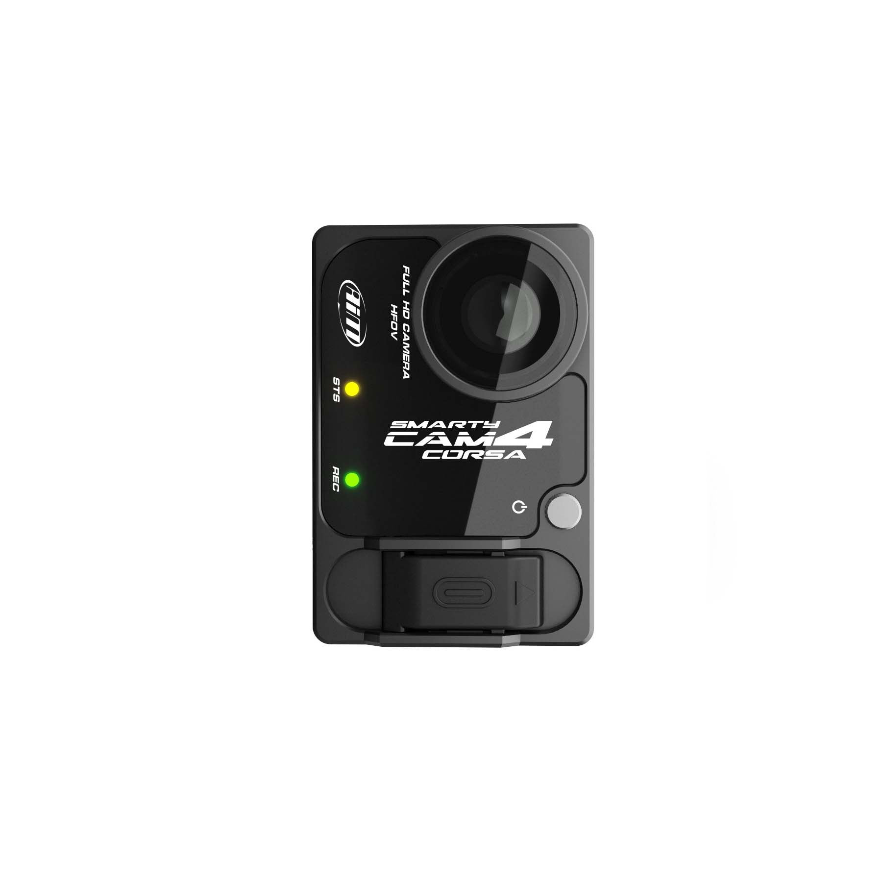 Camera in vertical shot:
AiM SmartyCam 4 Corsa motorsport camera shown in vertical orientation, highlighting compact form factor and CNC-machined aluminum housing