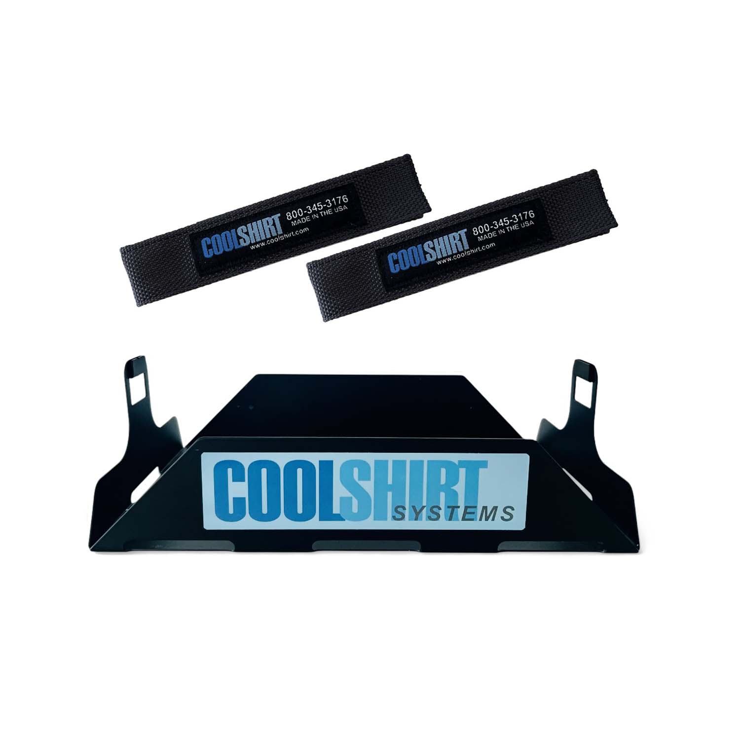 Coolshirt 19qt cooler mounting tray in black powder-coated finish with strap slots