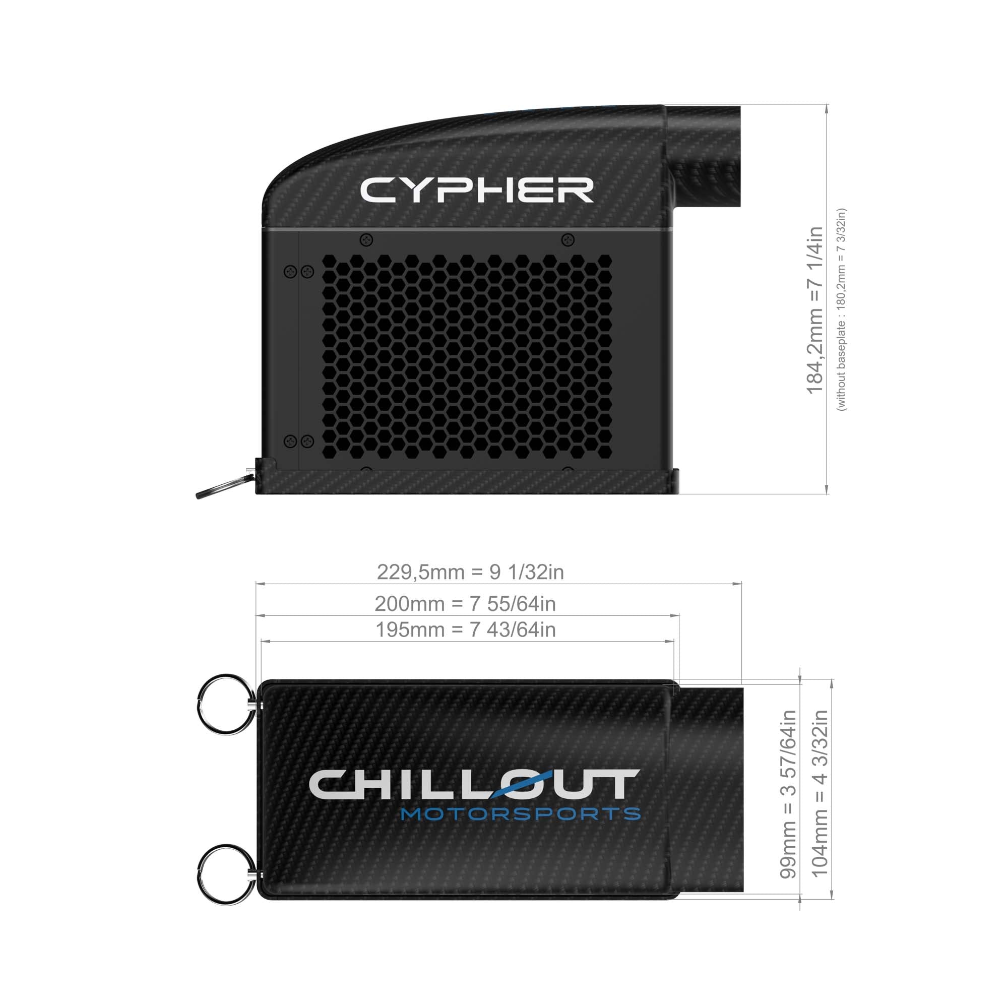 Cypher Pro Micro Driver Cooling System plenum version dimensions with 3-inch duct connection