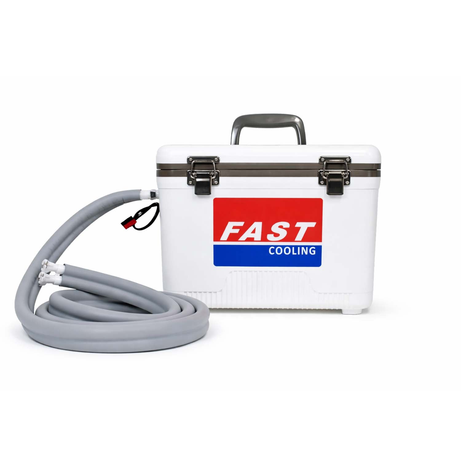 FAST Cooling Racer Driver Cooling System with 13-quart white cooler and 8ft insulated water hose, shown without mounting hardware for versatile in-car use.