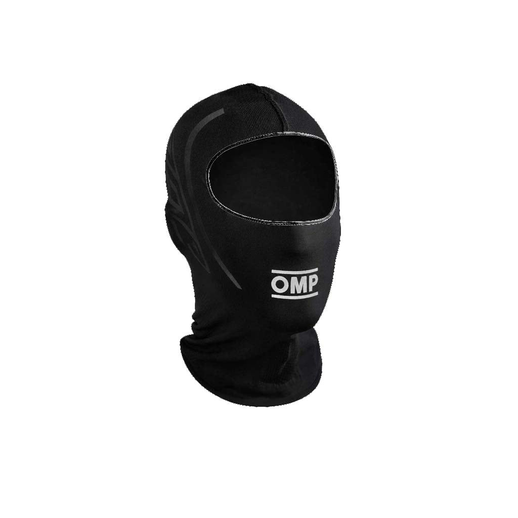 OMP KS karting balaclava in black with seamless Dryarn fabric designed for moisture wicking and breathable comfort under a karting helmet.