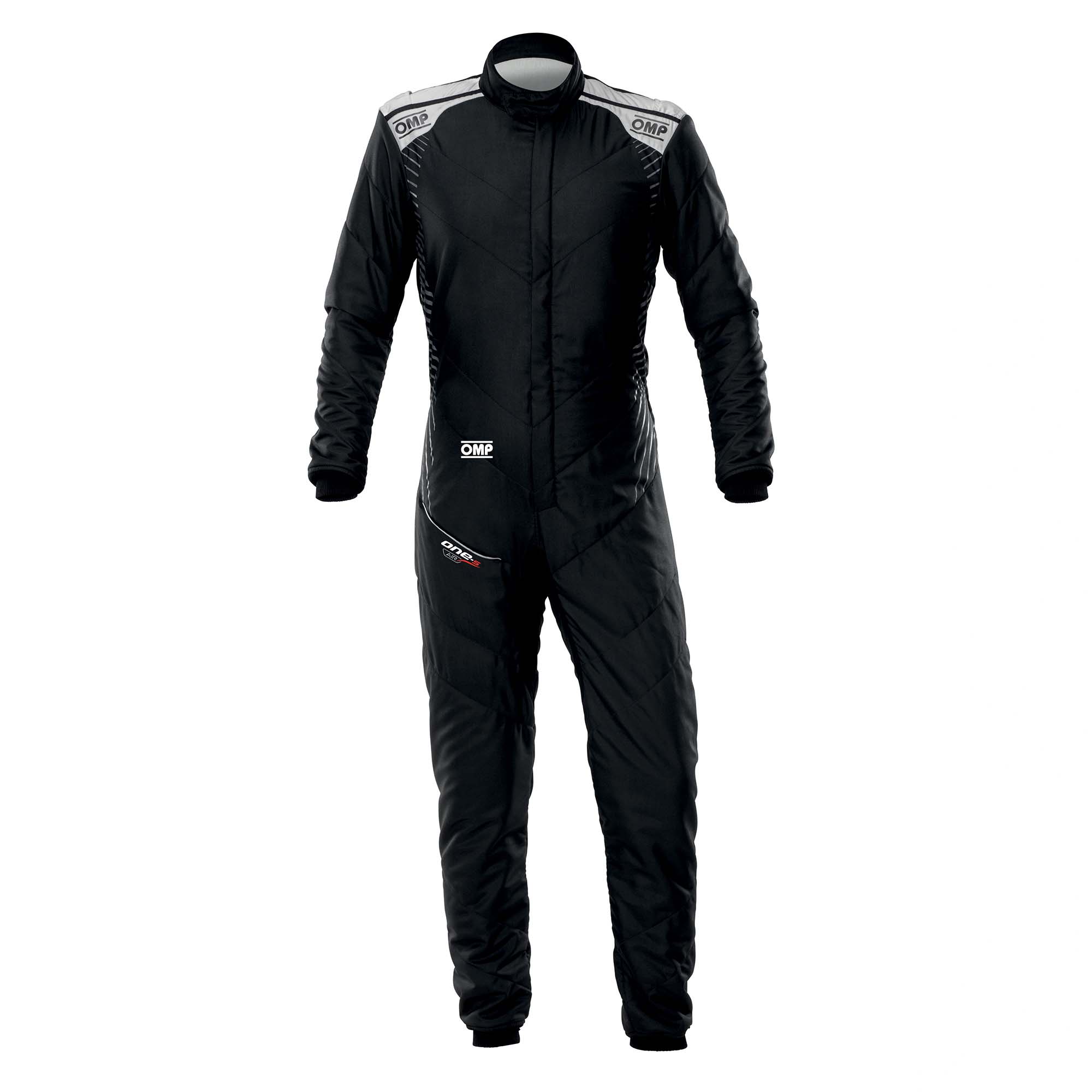 OMP One-S Air FIA 8856-2018 fire-resistant racing suit in black and silver