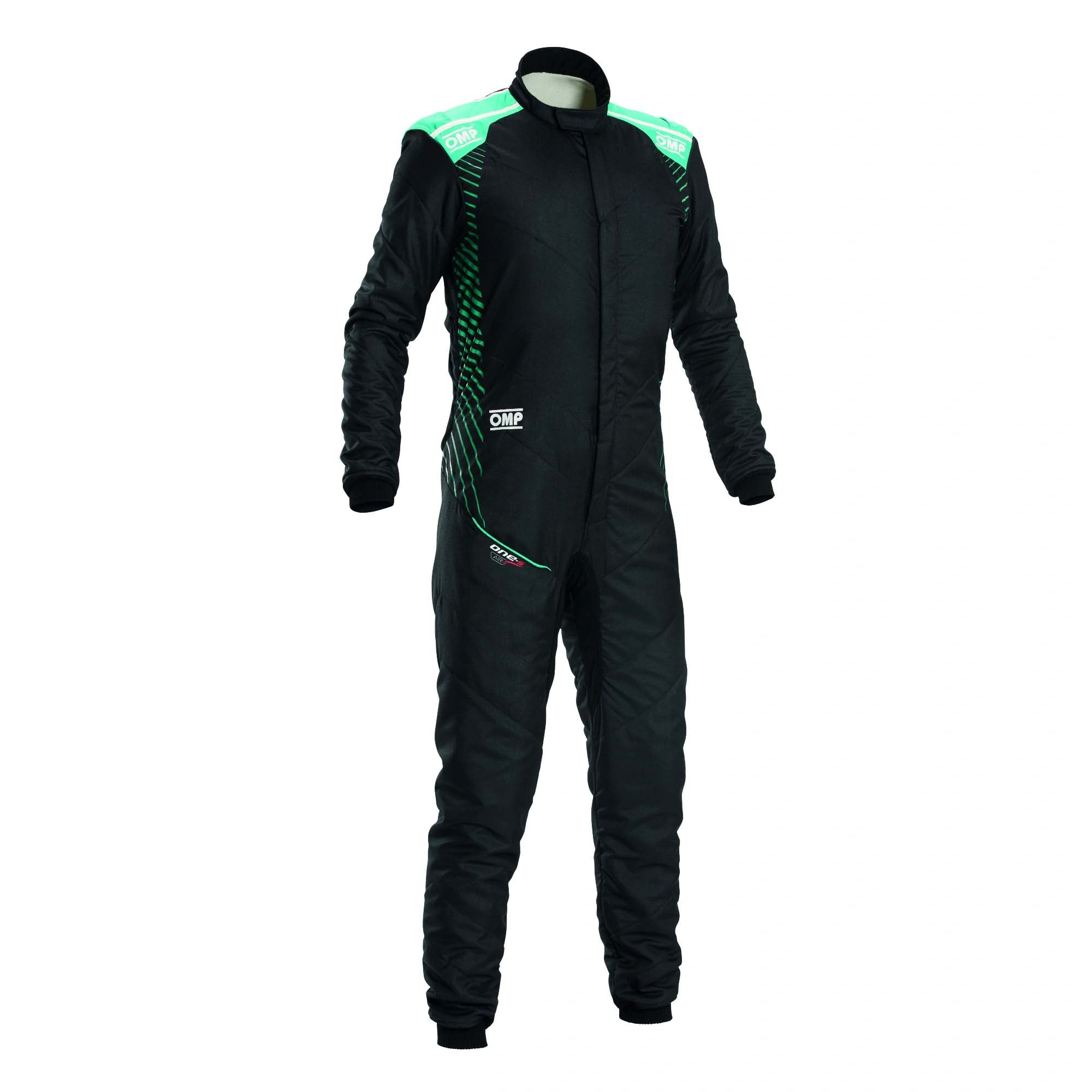 OMP One-S Air FIA 8856-2018 fire-resistant racing suit in black and tiffany