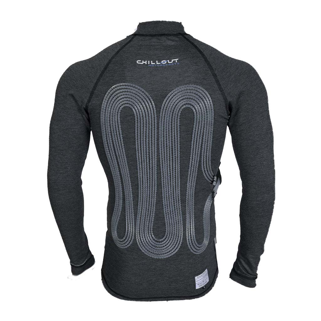 Rear view of Chillout Systems Pro Touring Cooling Shirt in charcoal, showing integrated cooling channels and ergonomic seam layout.