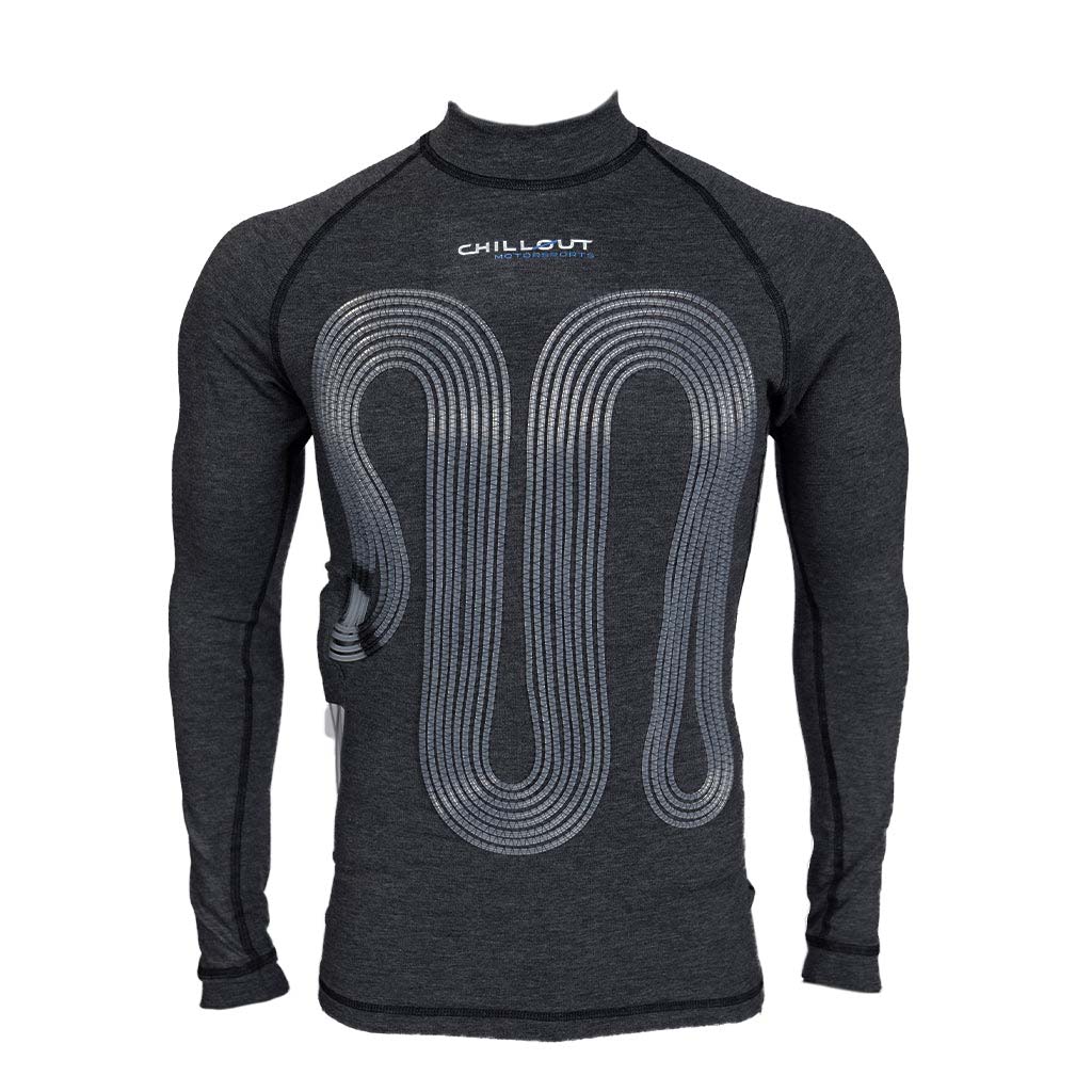 Chillout Systems Pro Touring Cooling Shirt in charcoal gray with FIA/SFI fire-resistant fabric and full-coverage cooling veins.