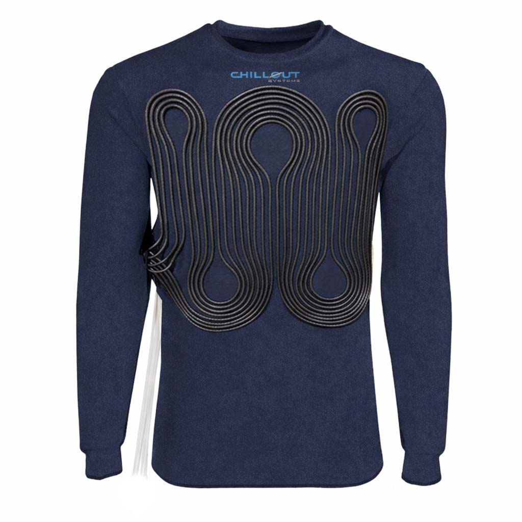 Chillout Systems Pro Touring Sport Cooling Shirt in navy blue with lightweight, breathable design and embedded cooling veins.