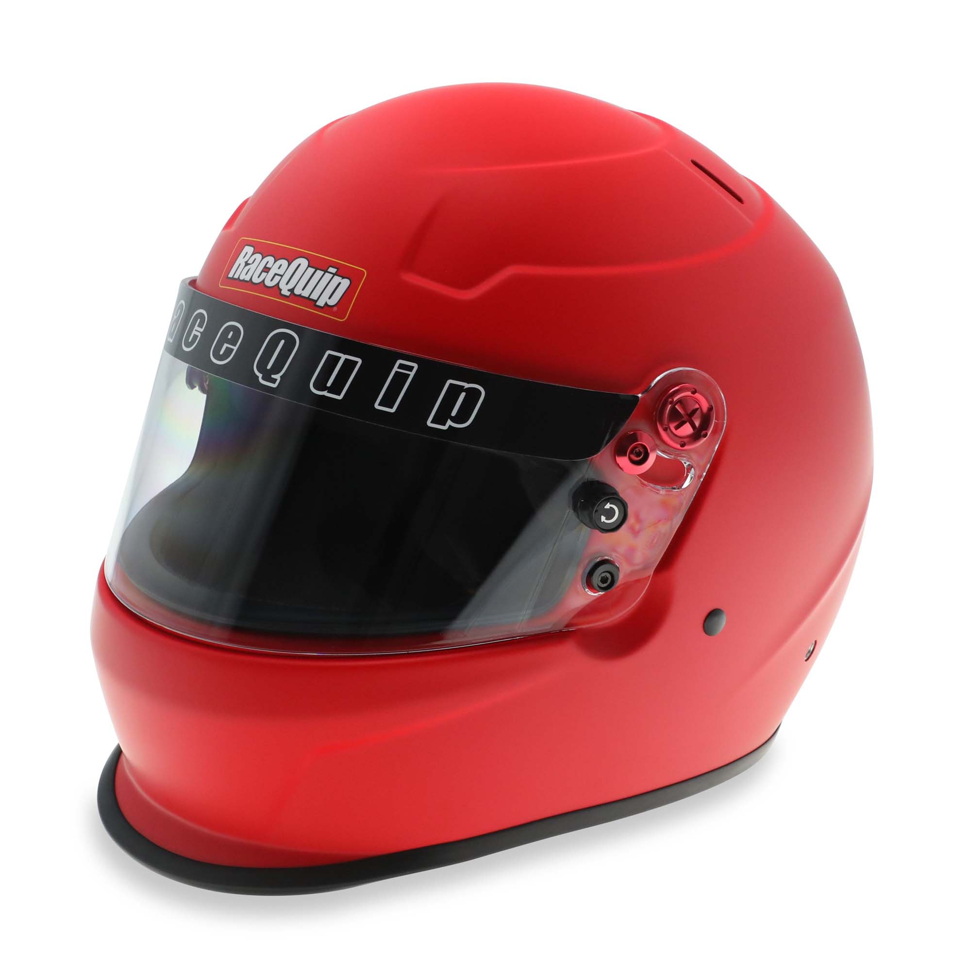 RaceQuip PRO25 Premium SA2025 Racing Helmet in gloss red with full-face visor and RaceQuip logo